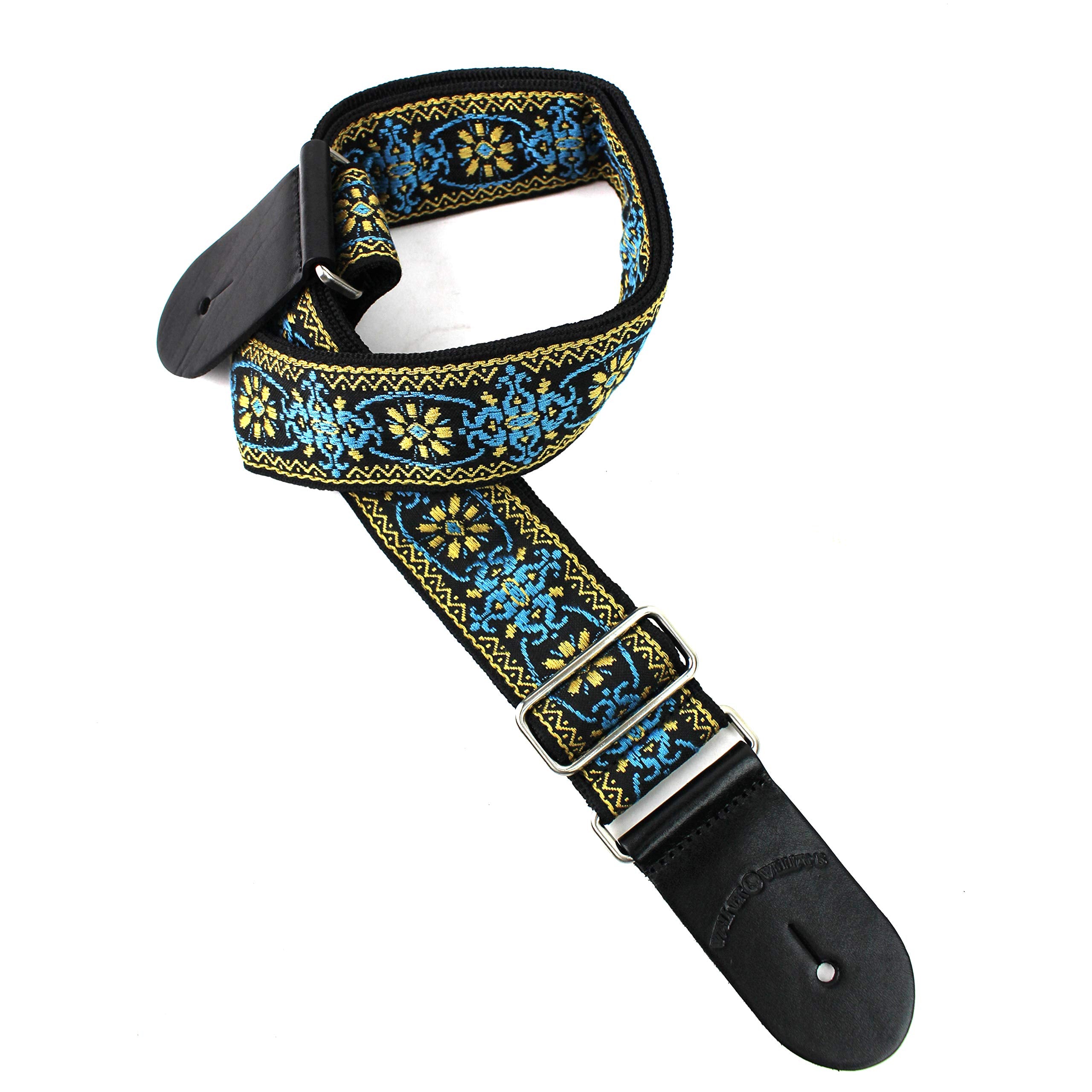 Walker & Williams H-01 Blue Woodstock Woven 60's Style Premium Woven Guitar Strap With Thick Leather Endcaps For Acoustic, Elect