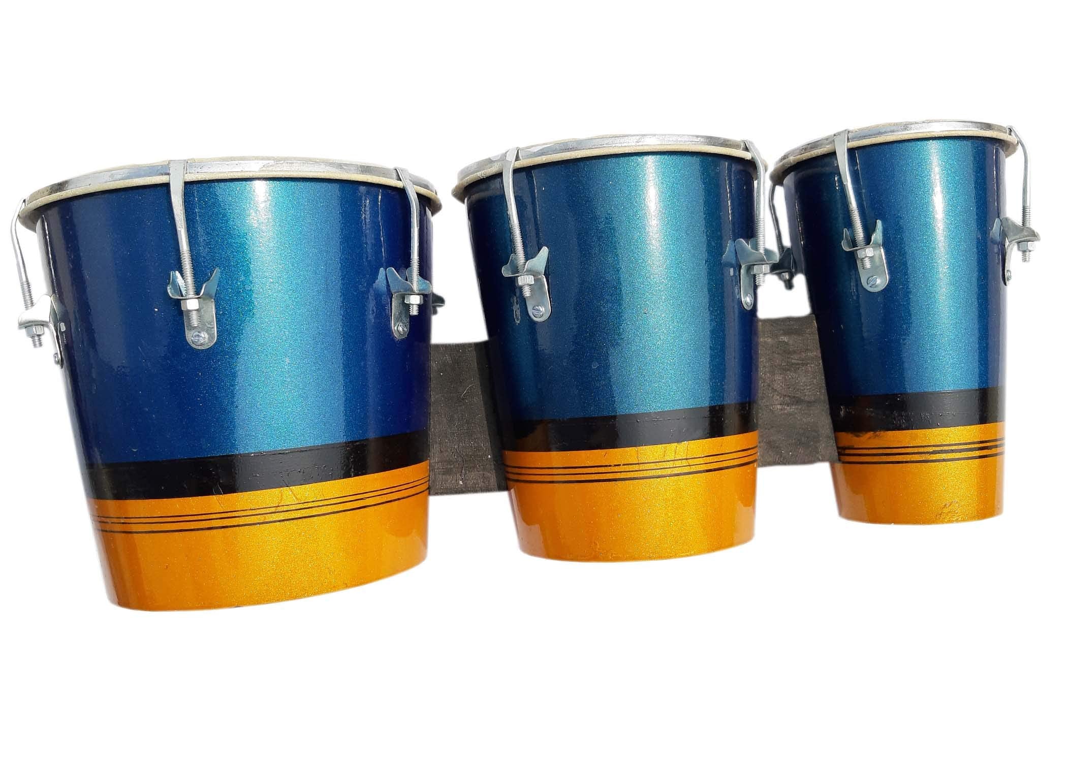 Gt Manufacturers Professional Three Piece Hand Made Wooden Bongo Drum Set (Blue/Yellow)