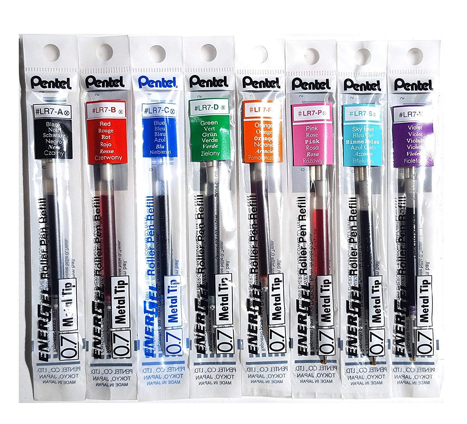 Pentel Lr7 Refills For Energel Gel Pen, 07Mm Metal Tip - Set Of 8 Colors - Black, Blue, Red, Green, Orange, Pink, Sky Blue  Viol