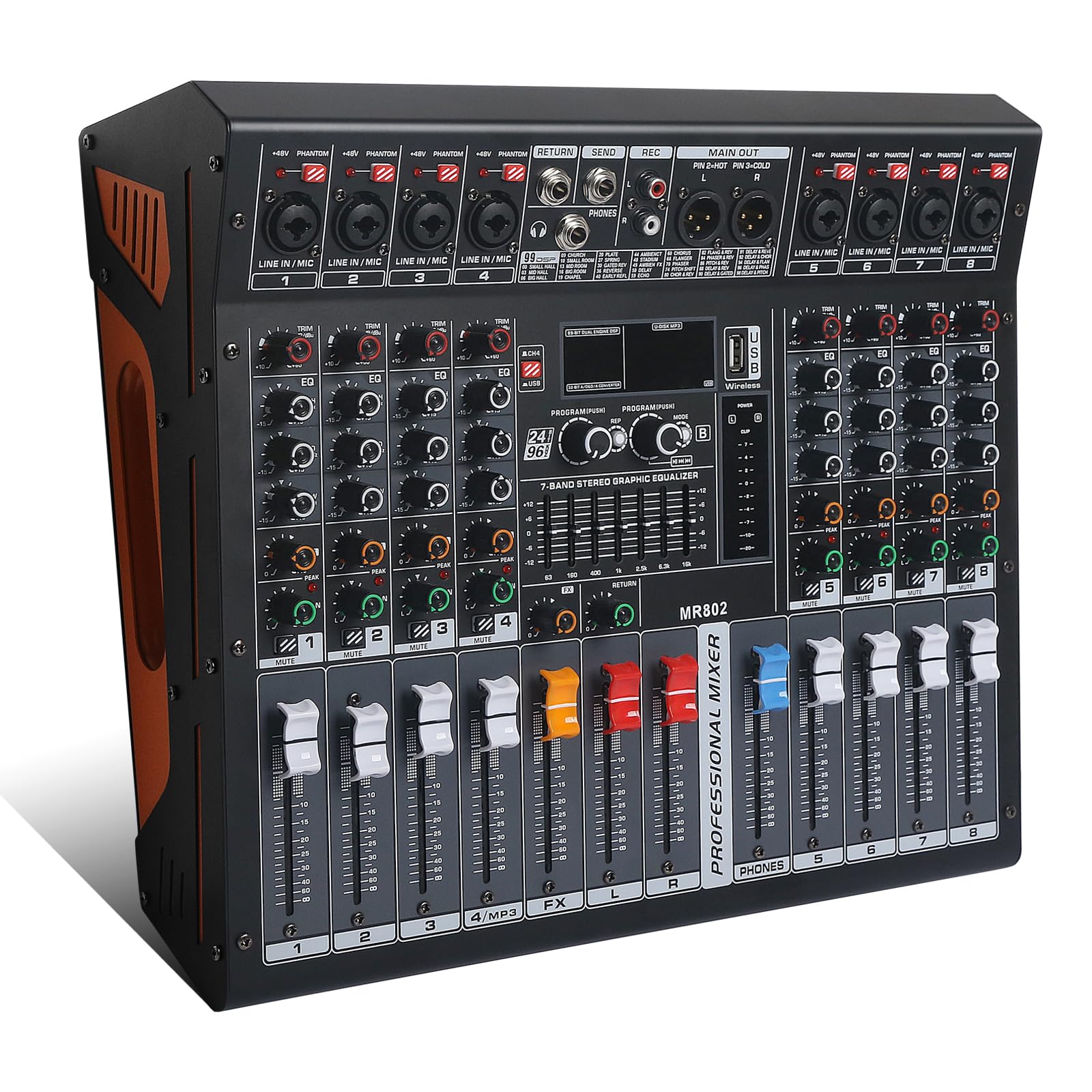 jindaaudio Audio Mixer 8 Channel, DJ Mixer Board with Power Amplifier, Audio Sound Card with 48V Phantom Power, Usb Audio Interf