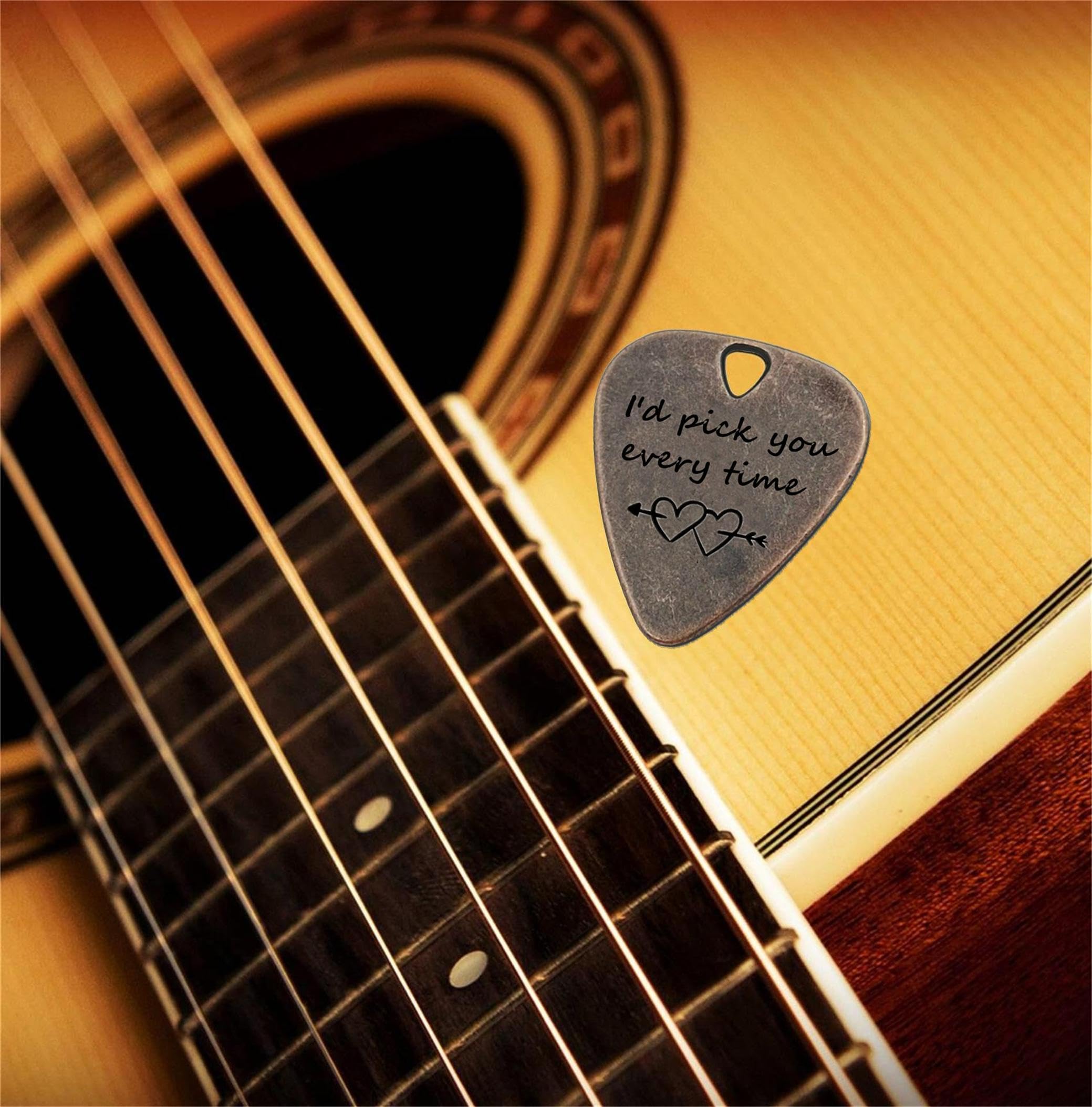JUPPE Guitar Picks, I'd Pick You Every Time Bronze Guitar Pick With Leather Case, Music Birthday Gifts For Couples (Bronze- I'd