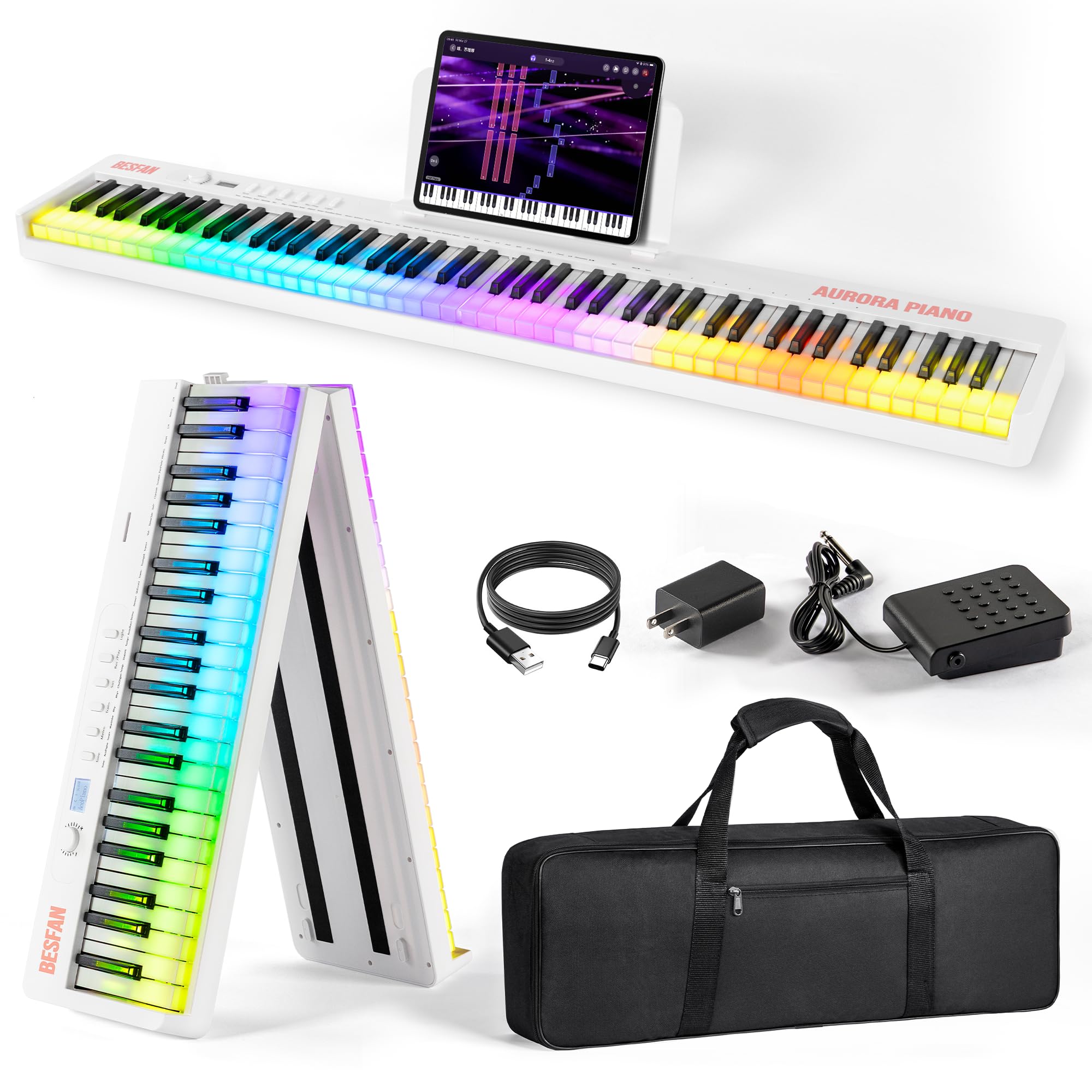 BESFAN Foldable 88-Key Piano Keyboard with Colorful Lighted Keys, Semi-Weighted Full Size Keys, Portable Digital Piano with USB-