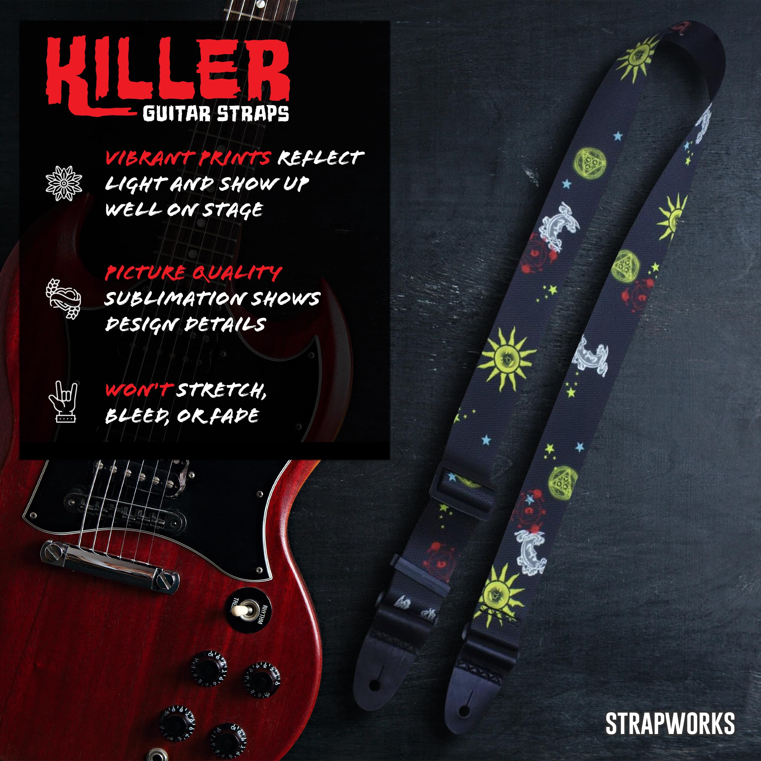 Killer-Q Guitar Strap - Stylish Straps for Electric and Acoustic Guitars With Leather Tabs, 2 Inches x 5 Feet, Mystical View