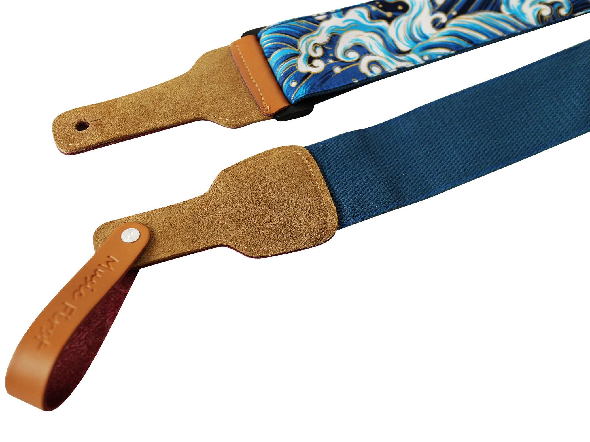 MUSIC FIRST Original Design, 2 inch width (5cm), Tsunami Waves    Soft Muslin & Genuine Leather Delux Banjo Strap, With 2 pieces