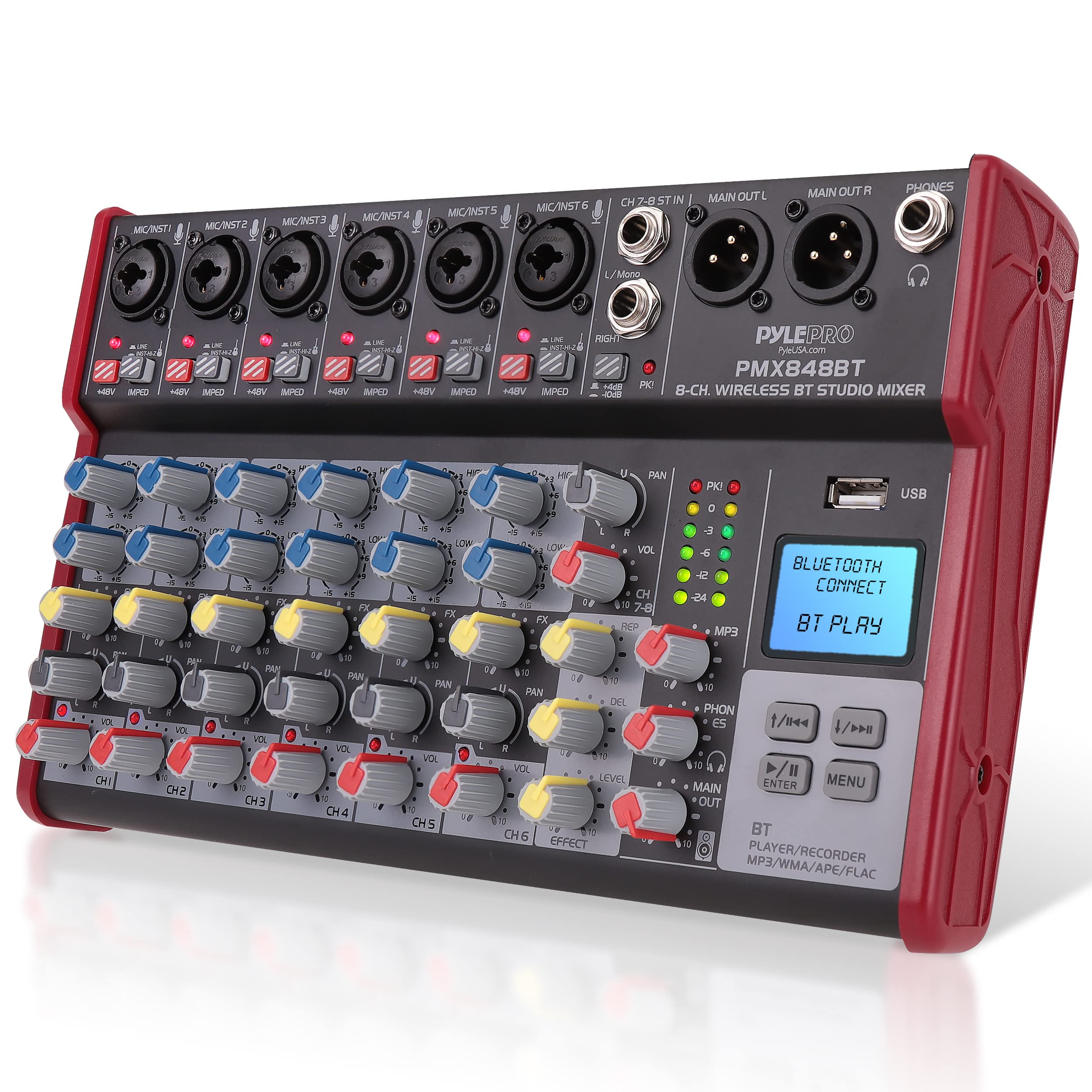 Pyle Professional Wireless DJ Audio Mixer - 8-Channel Bluetooth Compatible DJ Controller Sound Mixer w/USB Port, 6 Mic/Line Inpu