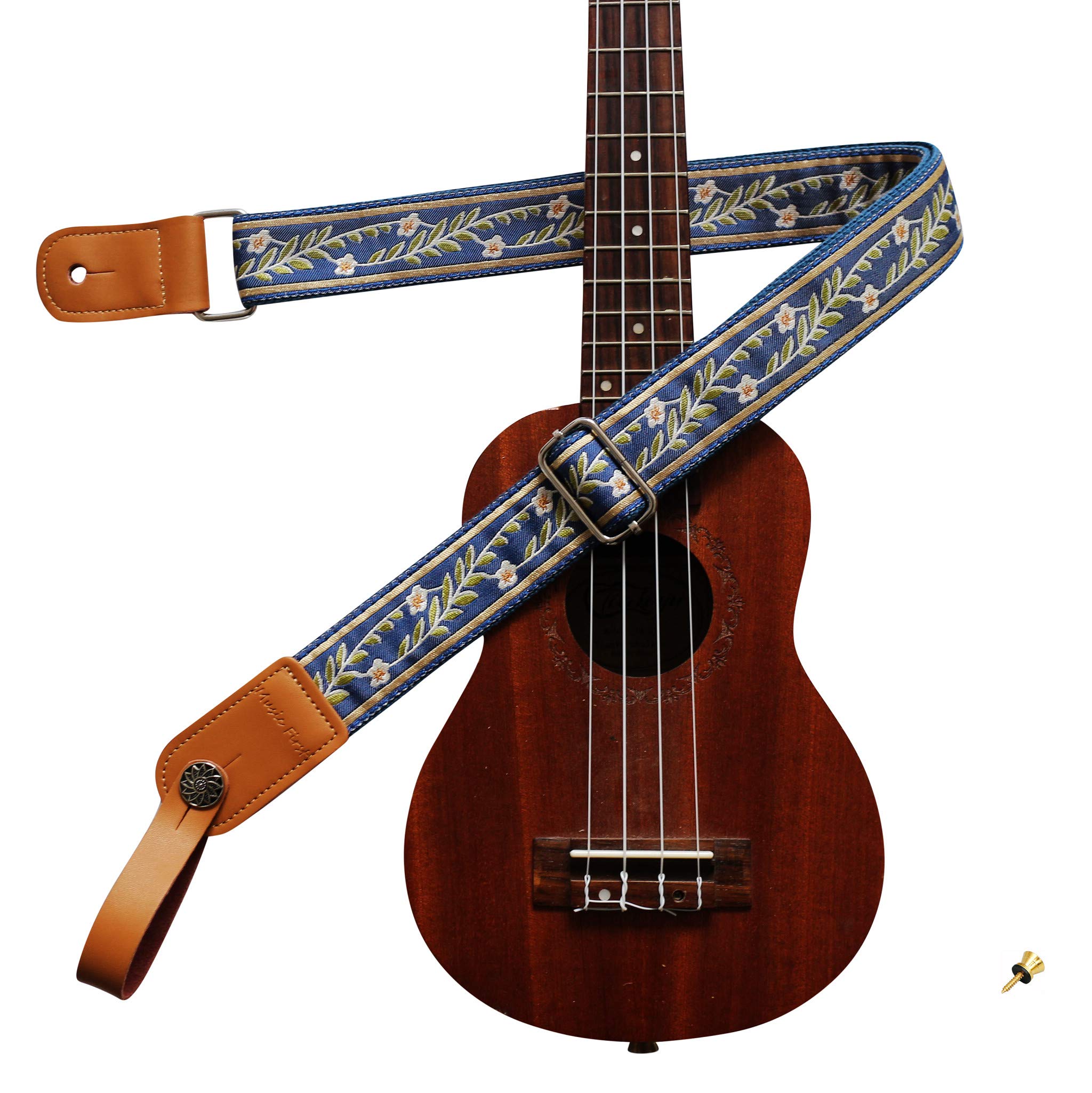 MUSIC FIRST Original Design Vintage Blue Jasmine    Soft Meshbelt & Genuine Leather Ukulele Strap Ukulele Shoulder Strap With a 