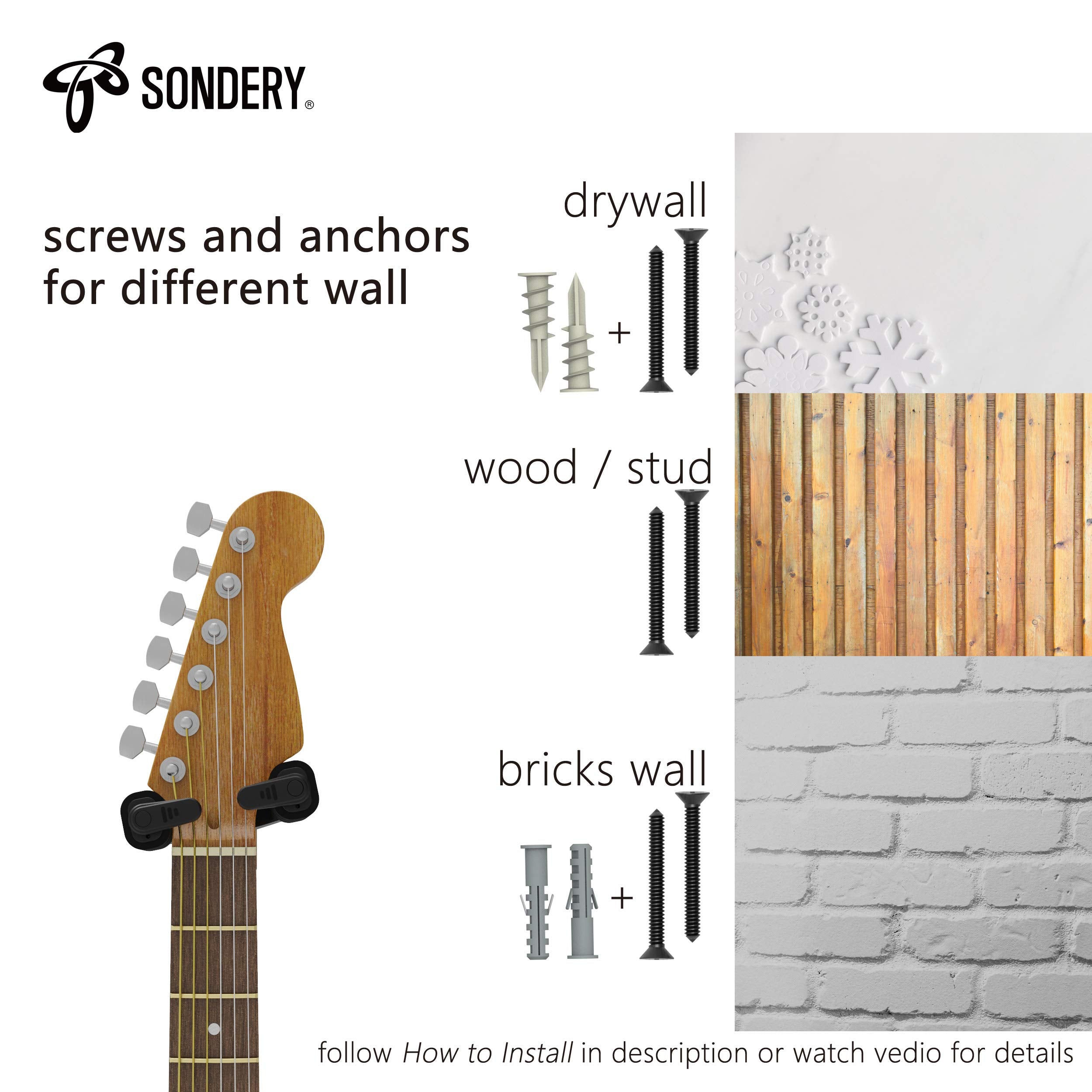 Sondery Guitar Wall Mount Hanger, Auto Lock and Adjustable Hook Holder for Acoustic and Electric Guitar, Ukulele, Bass, Banjo an