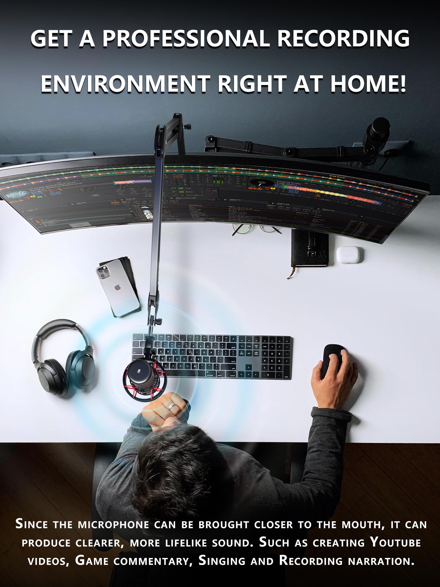 Overhead Mic Boom Arm CACENCAN Desk Microphone Stand with Mount&3/8'' to 5/8'' Thread