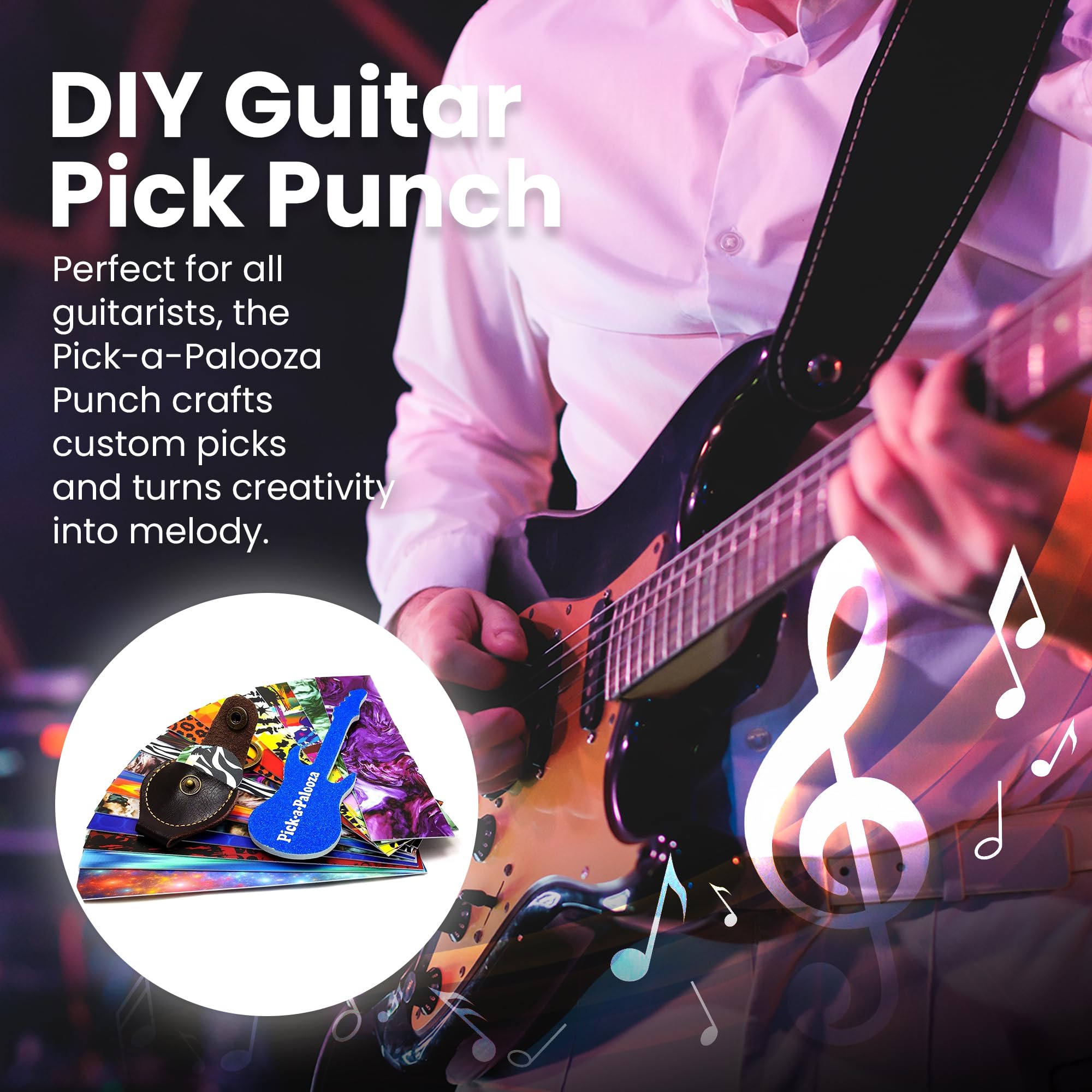 Pick-a-Palooza DIY Guitar Pick Punch with Leather Key Chain Pick Holder, 15 Pick Strips and a Guitar File - Black/Black