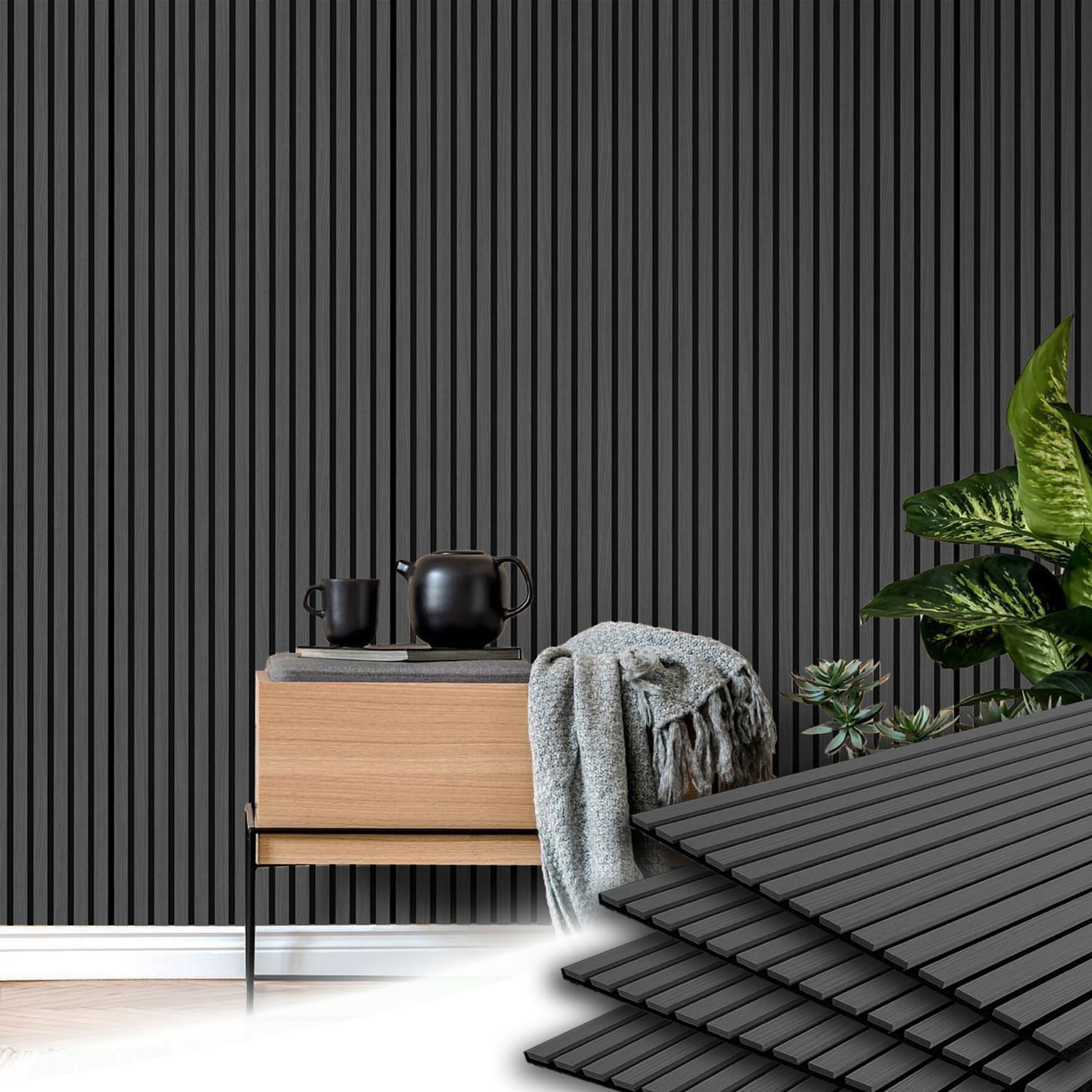 E-HAO 4-Piece Wood Slat Acoustic Panels for Stylish Decor and Noise Reduction, 3D Textured Panel for Ceiling and Wall - Black Oa