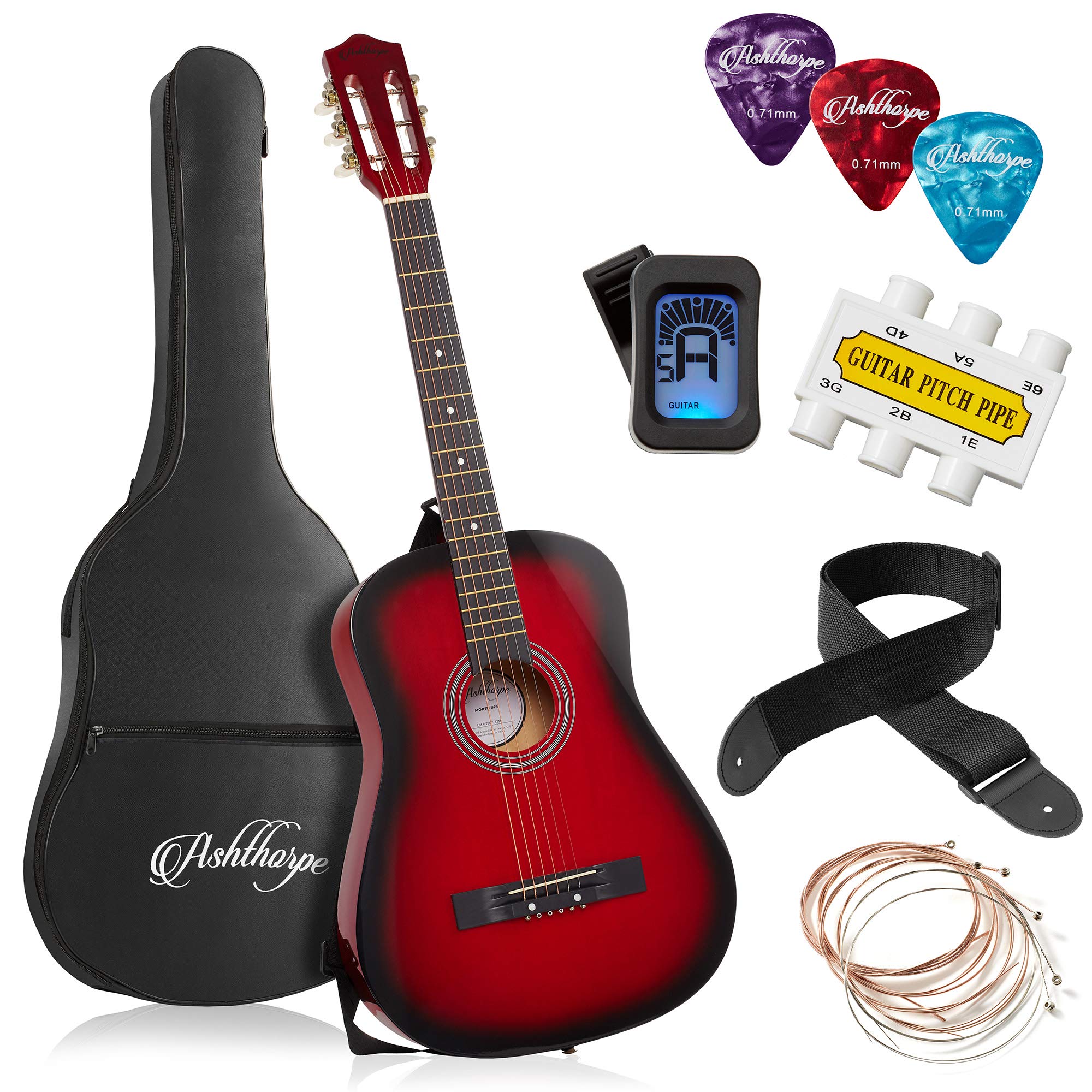 Ashthorpe 38-Inch Beginner Acoustic Guitar Package (Red), Basic Starter Kit W/Gig Bag, Strings, Strap, Tuner, Pitch Pipe, Picks
