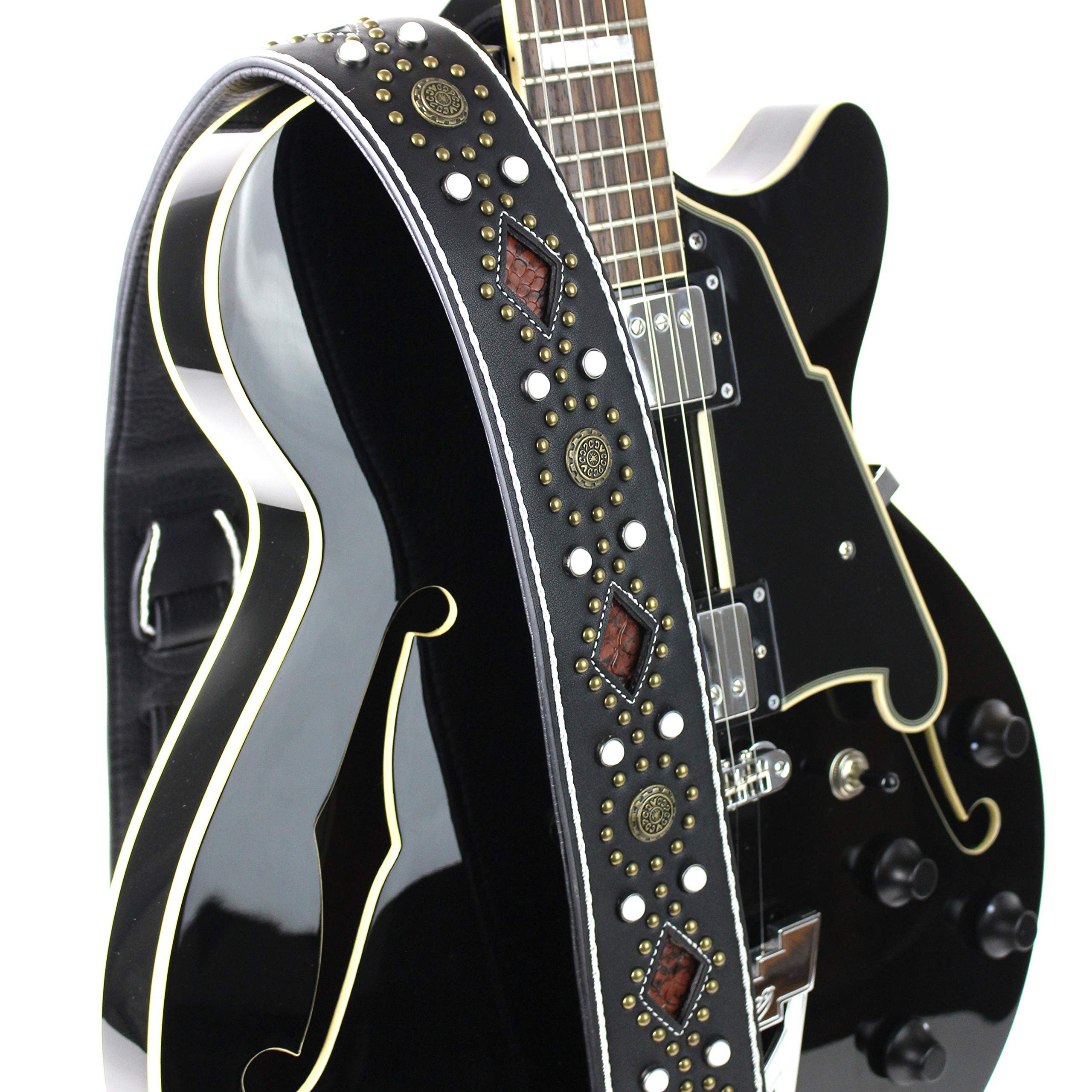 Walker And Williams GTR-20-WHT Sedona Special Premium Black Padded Guitar Strap With White Stitching Brass Studs & Rivets For Ac