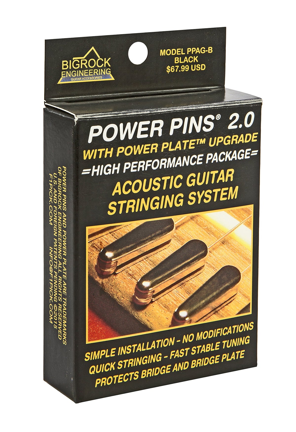 Power Pins 2.0 - Black Chrome Set With Power Plate Upgrade- Patented Bridge Pin System For Acoustic Guitars- Improved Tone, Ampl