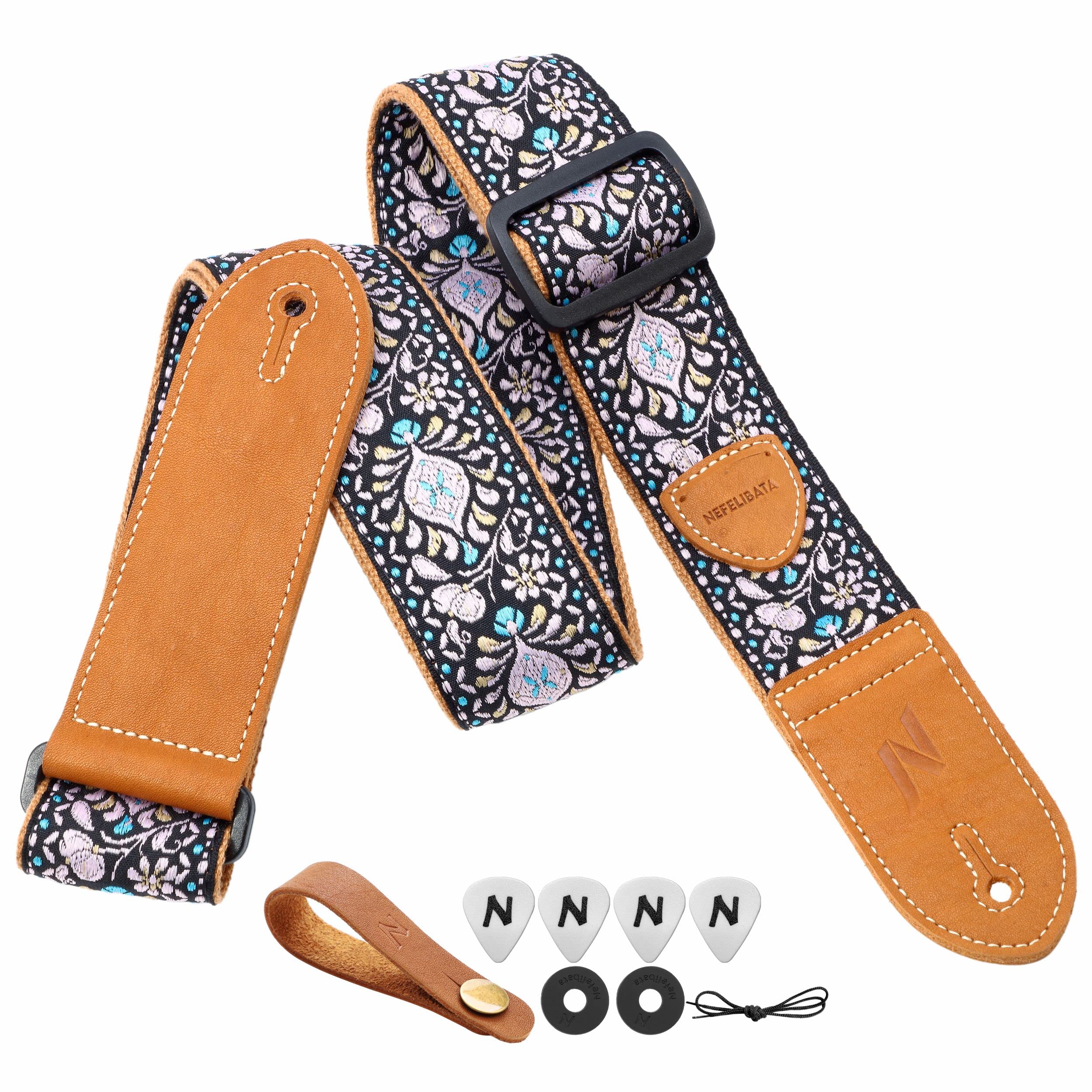 Nefelibata Guitar Strap,Double Leather Ends,Vintage Woven W/Free Bonus-4 Picks+Strap Locks+Strap Button,Best Gift For Bass,Elect
