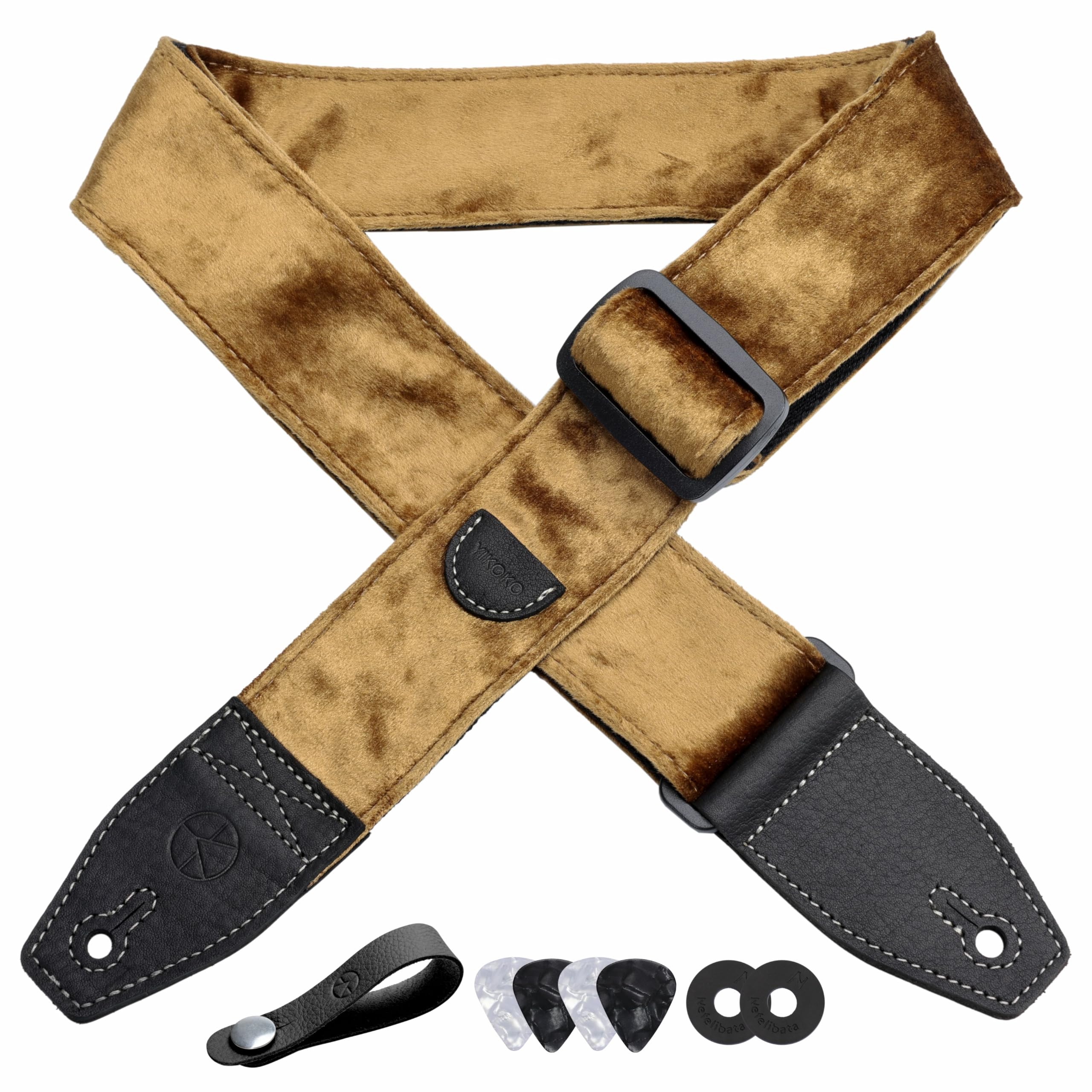 Yikoko Guitar Strap 2 Inch Velvet Guitar Straps With Full Grain Leather End, For Bass Electric And Acoustic Guitars, Free Strap