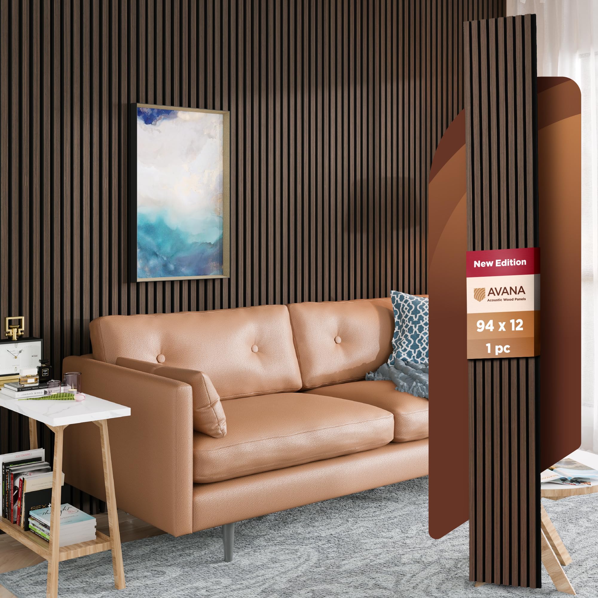 Avana Modern Acoustic Wood Wall Panels - 94.4X12.6 Inch Dark Walnut Acoustic Panels 1 Pc - Wall Panels For Interior Wall Decor F