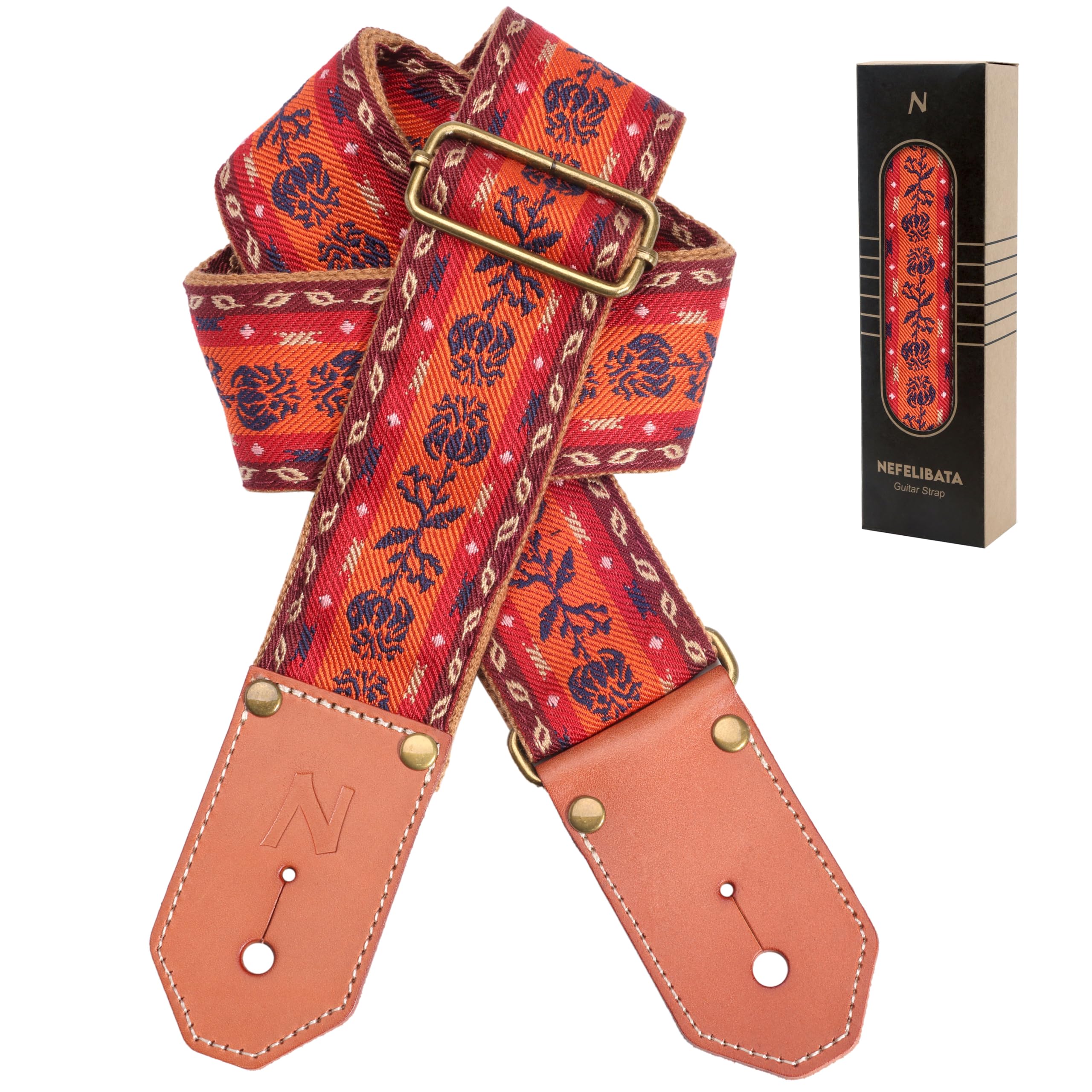 Nefelibata Guitar Strap Cotton With Thicked First Layer Vegetable Tanned Cowhide Leather Ends For Acoustic, Bass, Electric Guita