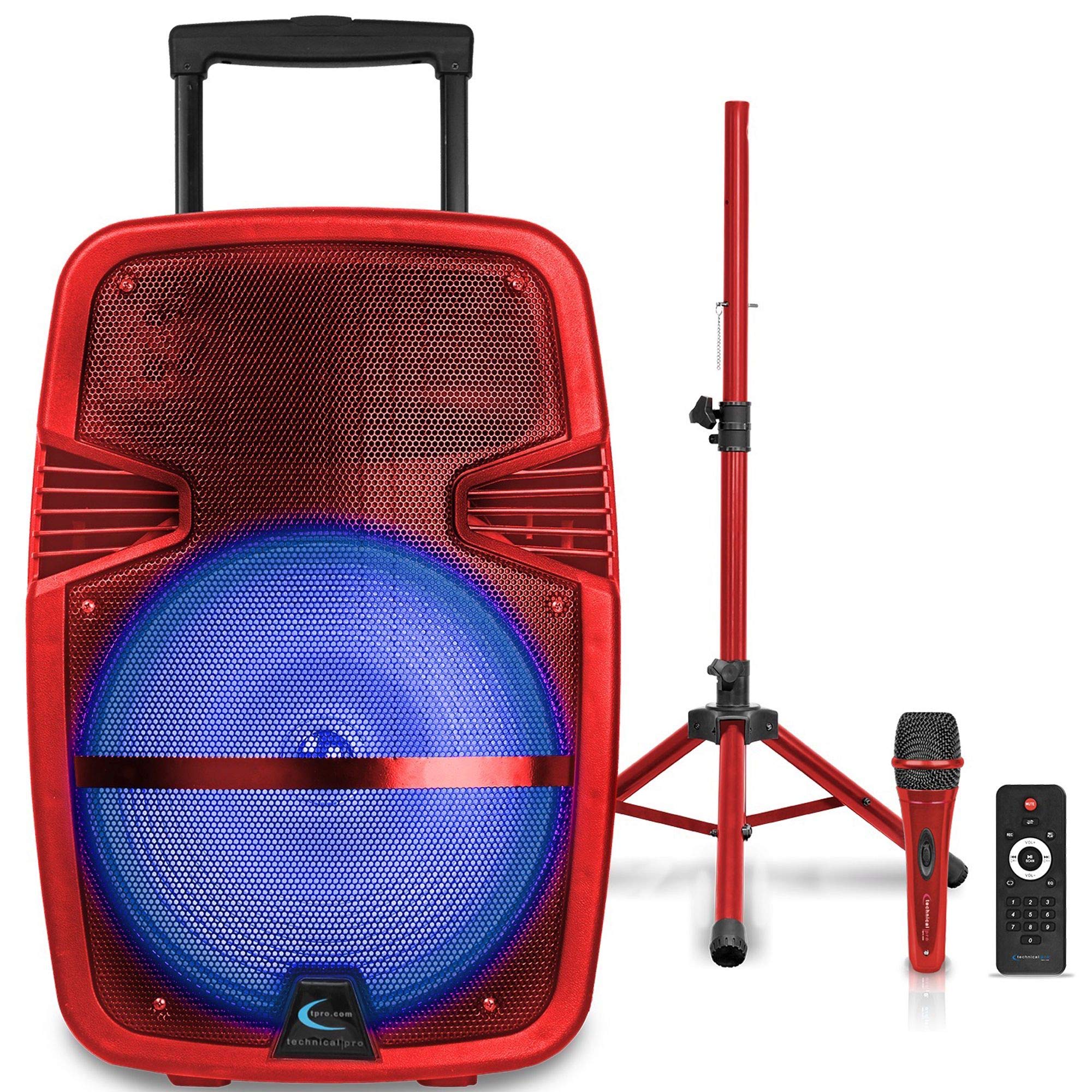 Technical Pro 15'' Portable Rechargeable Battery Powered 3000 Watts Pro Dj Bluetooth Led Loudspeaker Package With Tripod Stand,