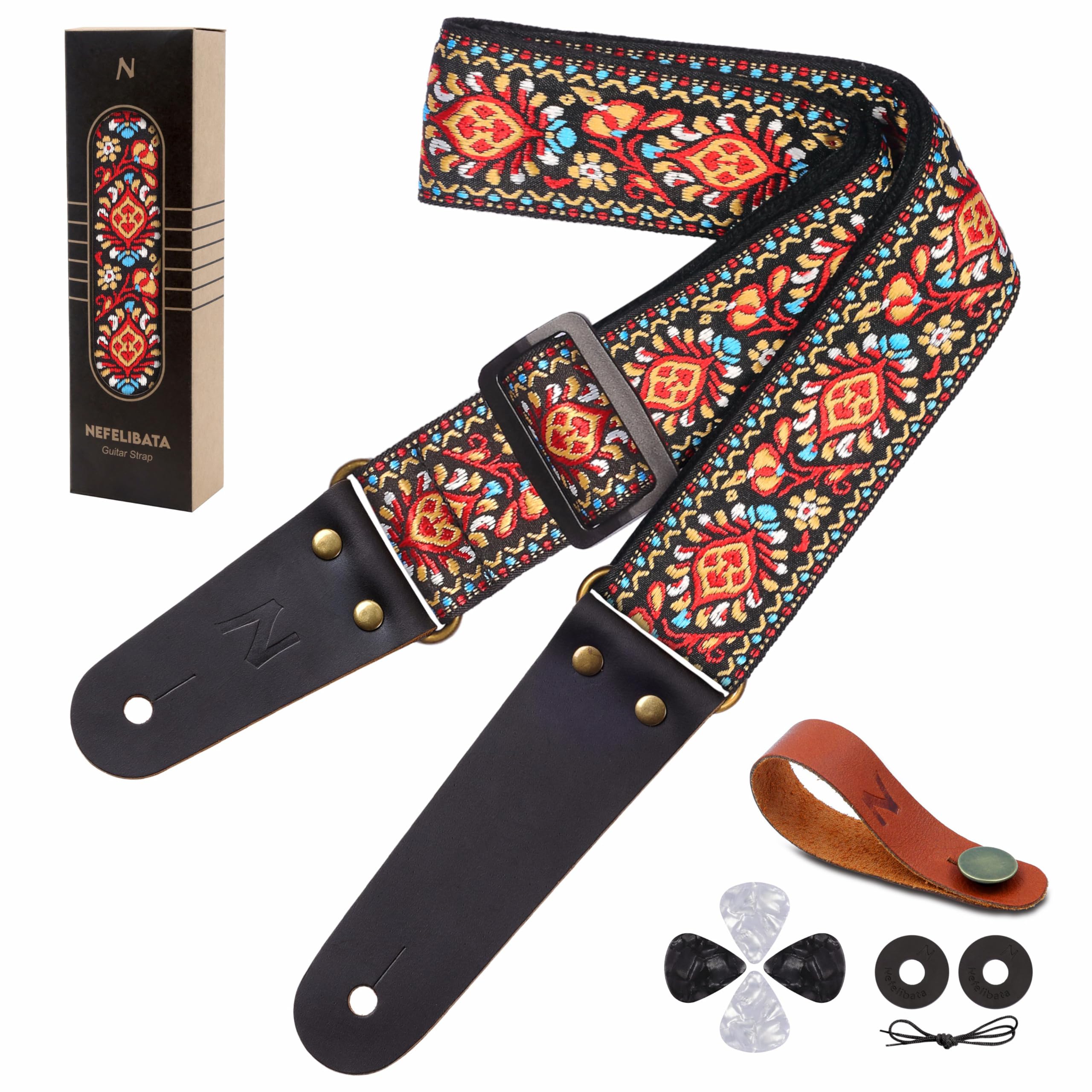 Nefelibata Guitar Strap, Embroidered Cotton Guitar Straps With Head Cowhide Leather Ends For Bass, Electric & Acoustic Guitars,