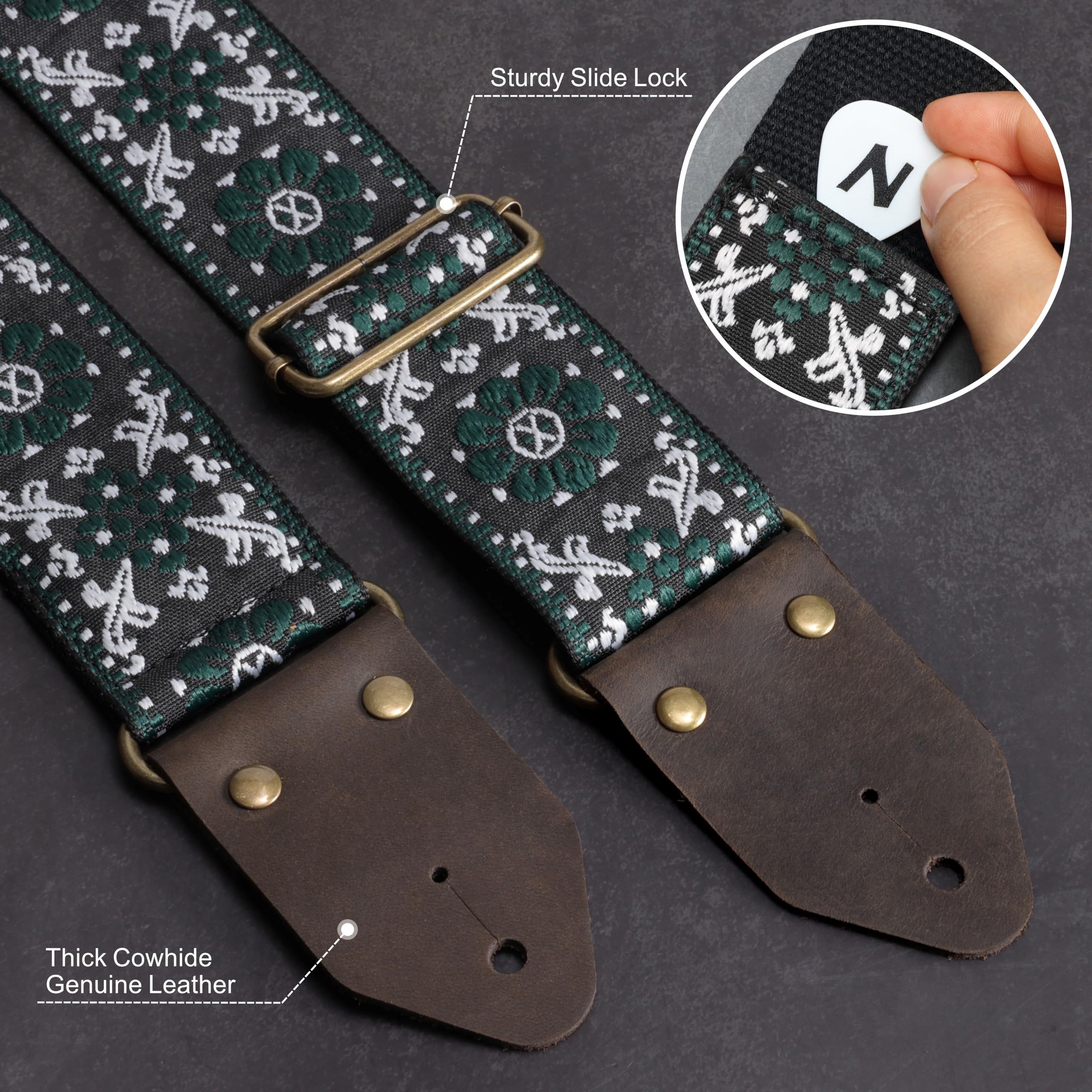 Nefelibata Guitar Strap,Jacquard Embroidery Cotton Guitar Straps with Crazy Horse Leather Ends for Bass, Electric & Acoustic, Be