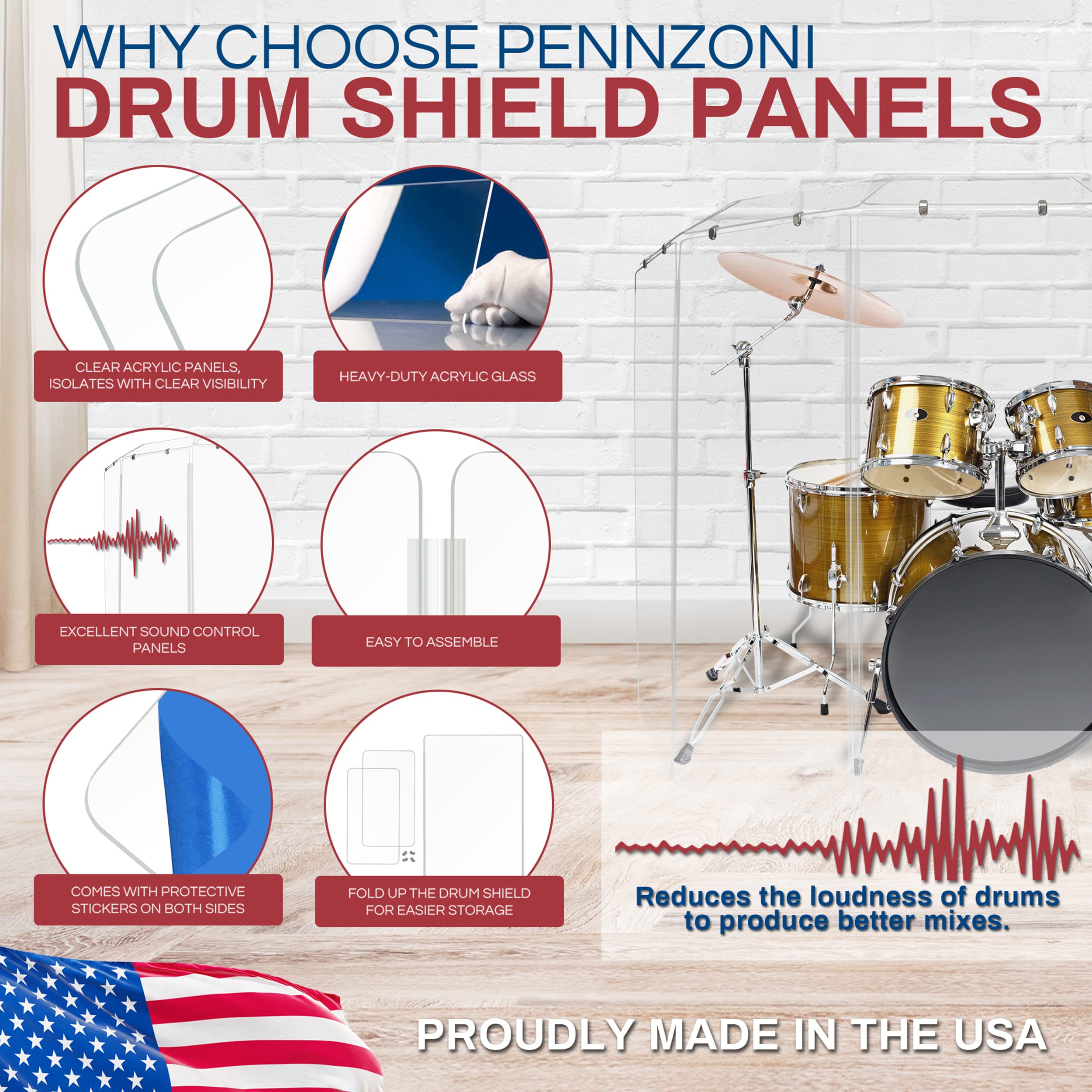 PENNZONI Drum Shield 5ft w/Deflectors & Plastic Hinges, Comes w/ 4 Drum Panels, Plastic Hinges & Deflector Connectors, Premium C