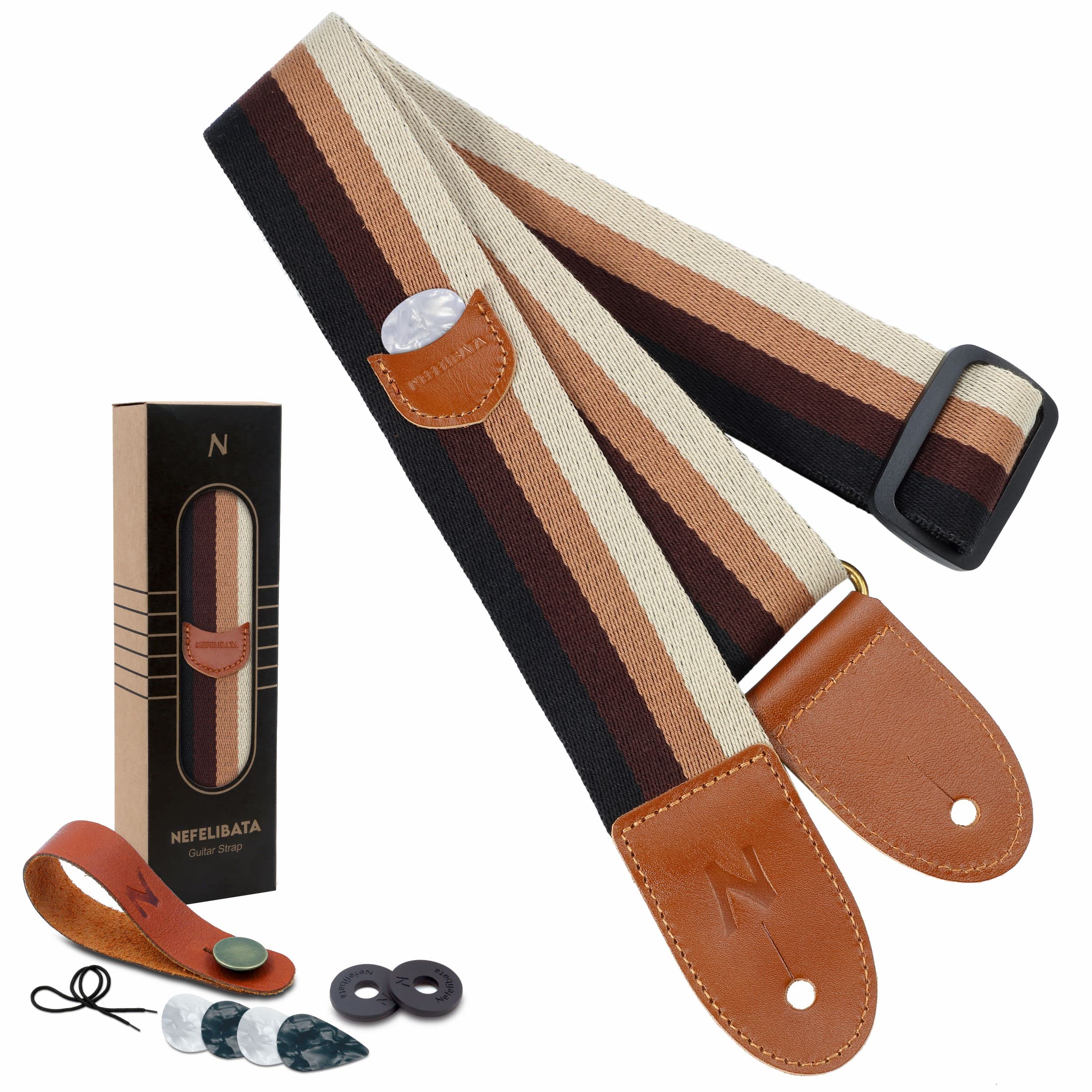 Nefelibata Guitar Strap, Cotton Full Grain Leather Ends Guitar Straps With Pick Pocket For Bass, Electric & Acoustic Guitar, Com