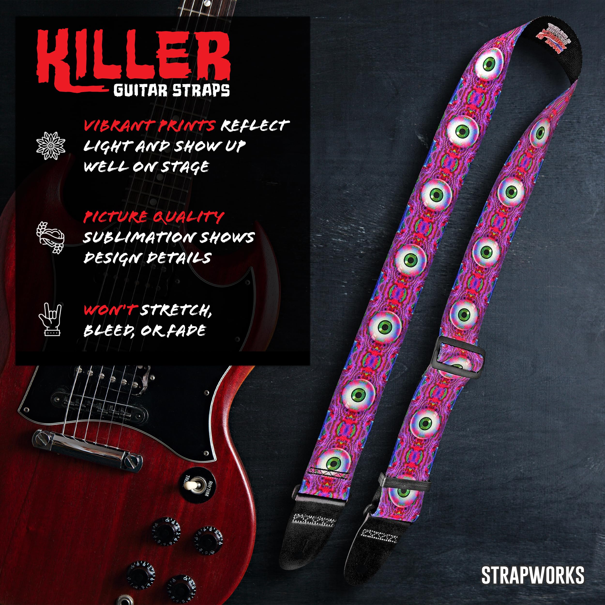 Killer-Q Guitar Strap - Stylish Straps for Electric and Acoustic Guitars With Leather Tabs, 2 Inches x 5 Feet, Eyescape