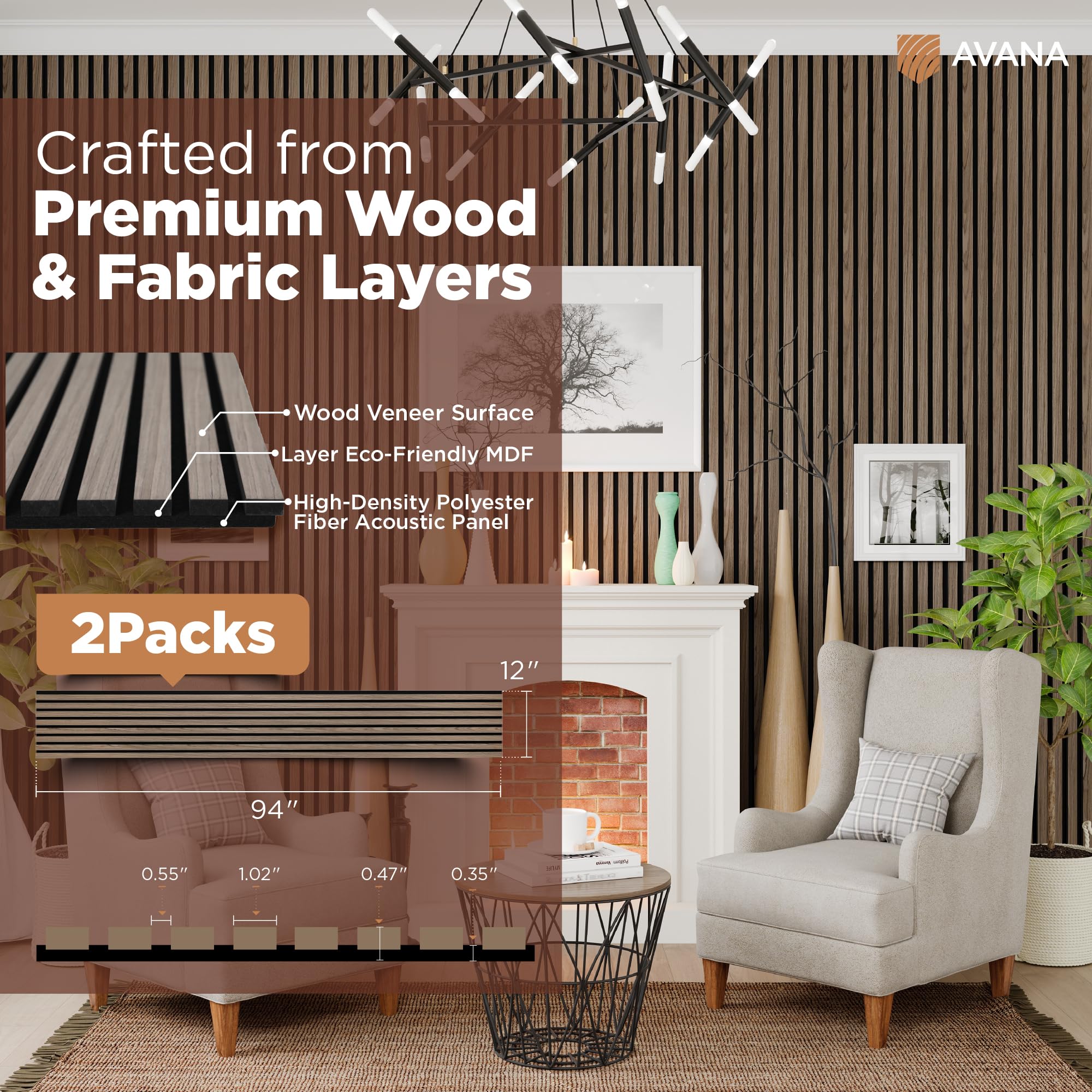 Avana Acoustic Wood Wall Panels - 94.4 x 12.6 Inch Natural Walnut Acoustic Panels 2 PCs - Wall Panels For Interior Wall Decor Fo