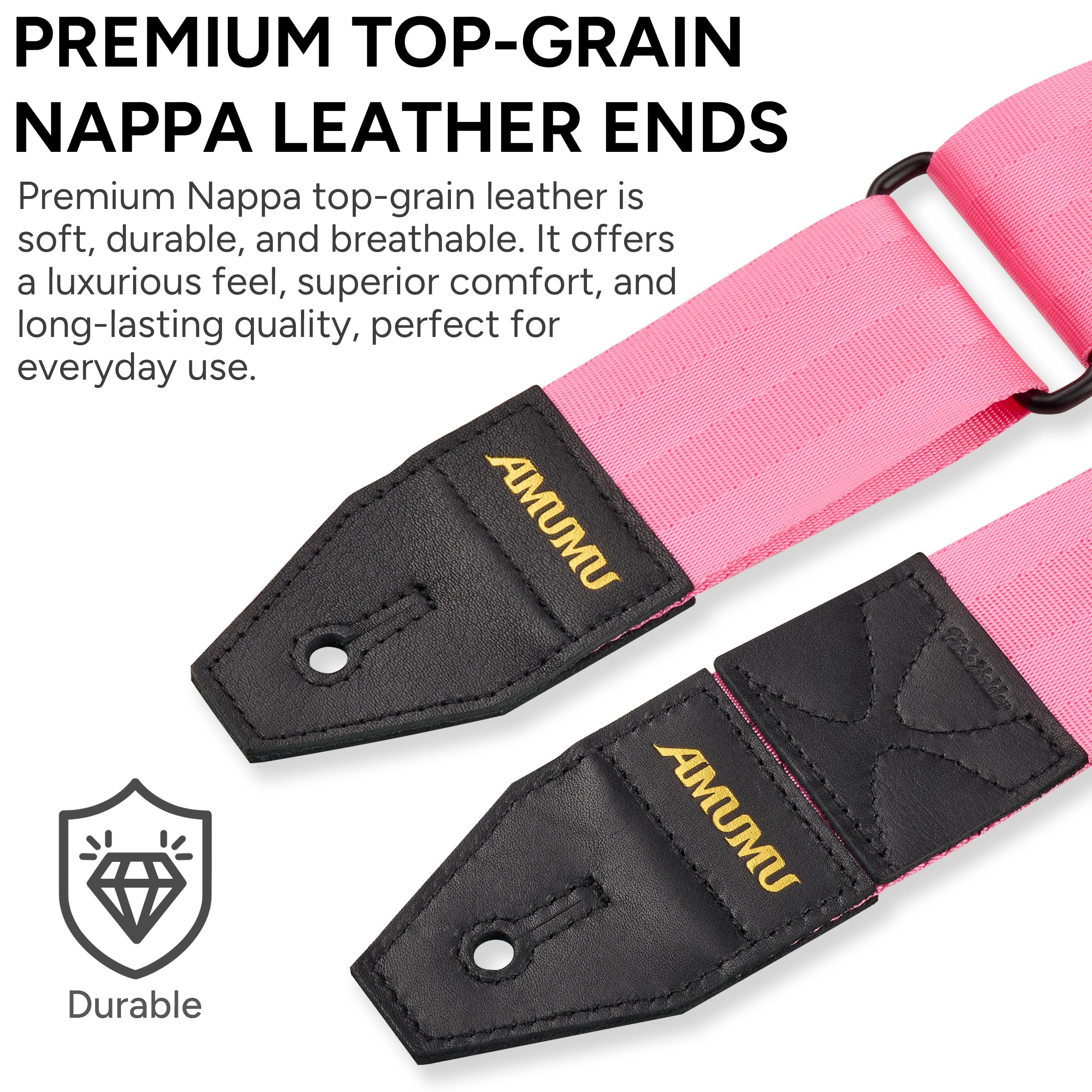 Amumu DURALINK Nylon Seatbelt Guitar Strap with Top Grain Leather Ends for Acoustic, Electric, Bass Guitar, with Quick-Fetch Pic