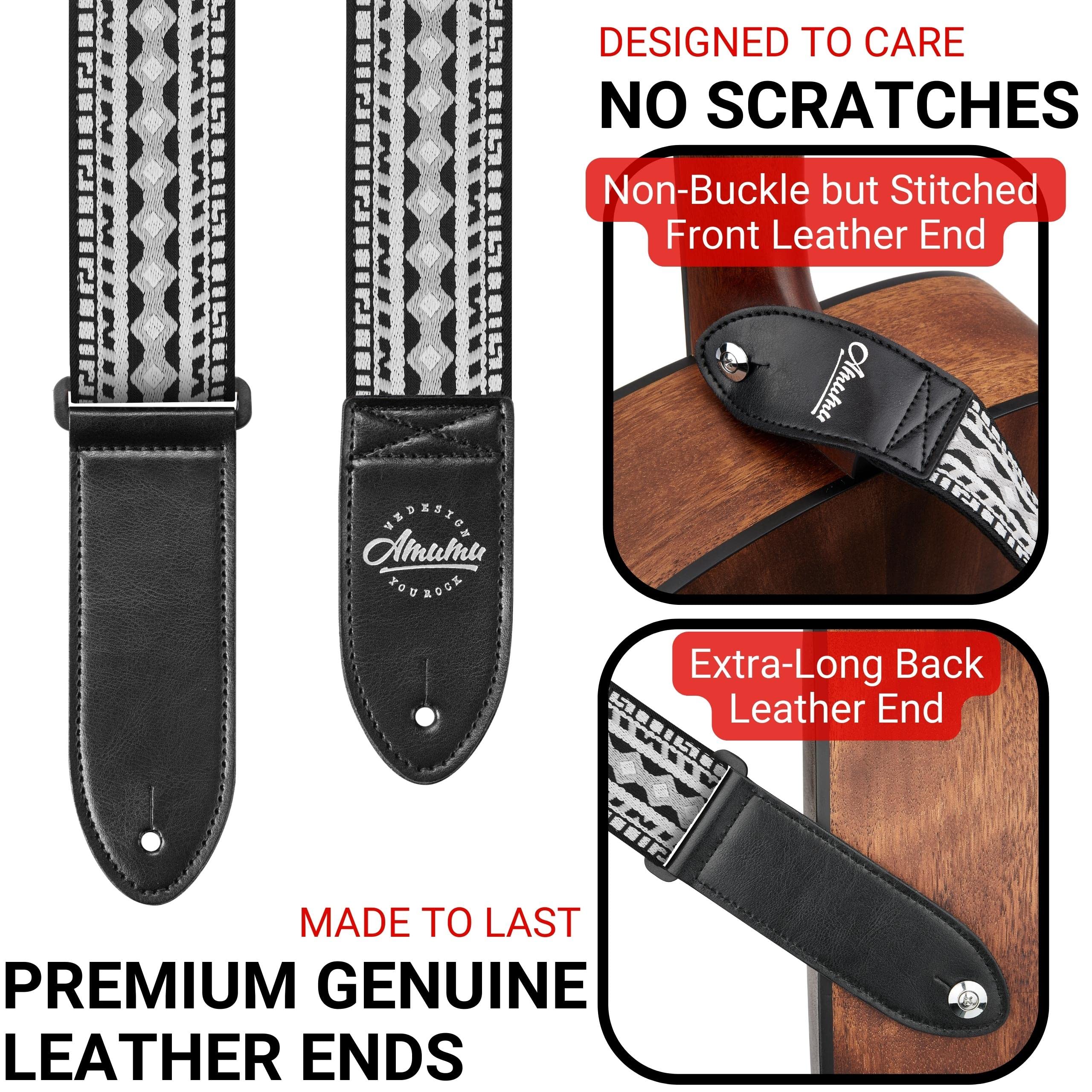Amumu Guitar Strap Hootenanny Black White Cotton for Acoustic, Electric and Bass Guitars with Strap Blocks & Headstock Strap Tie