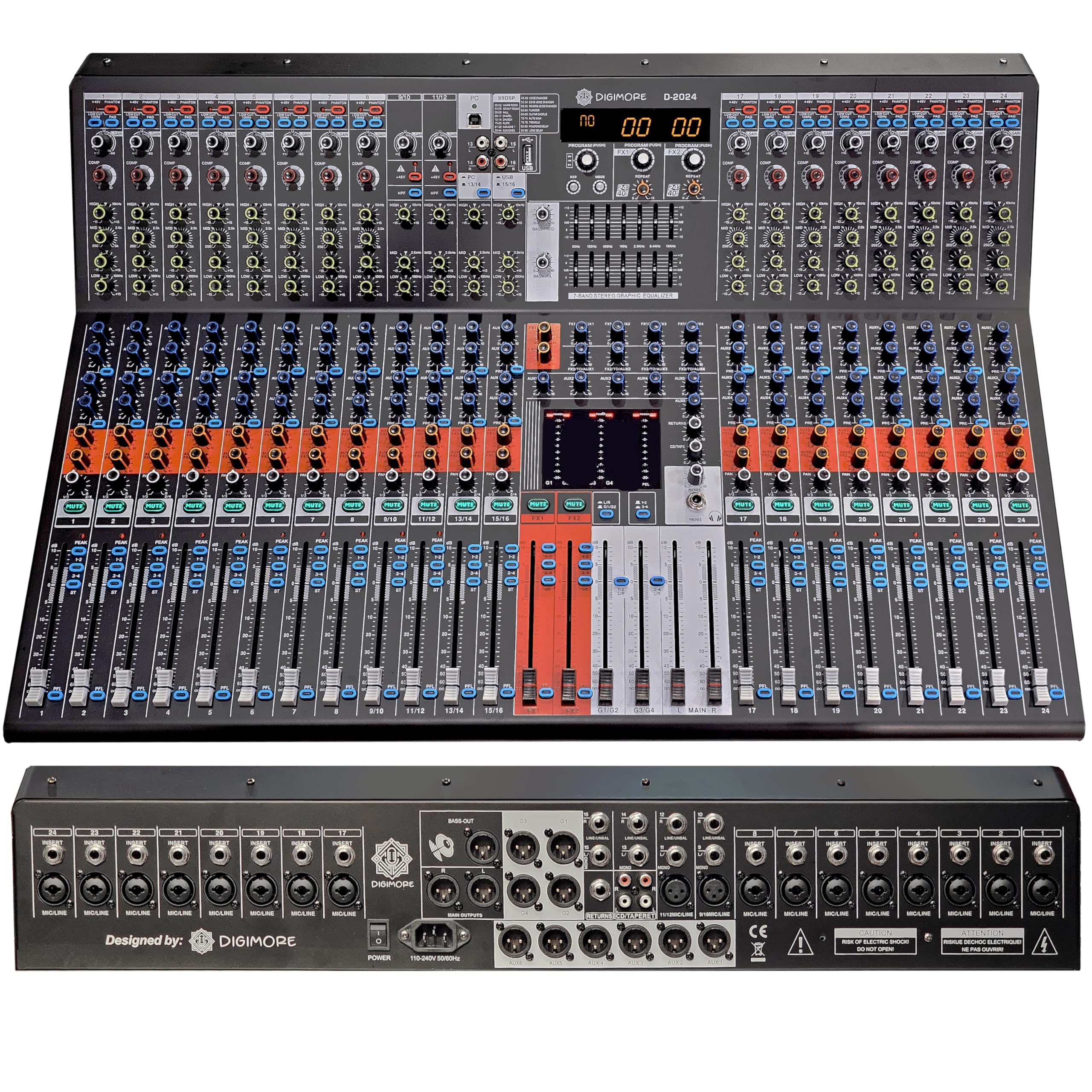 Digimore 24-Channel Audio Mixer | 6 Aux, 4 Groups & 1 Bass Xlr Output | Pre/Post Control | Mute & 48V Phantom Power | 99 Dsp Eff
