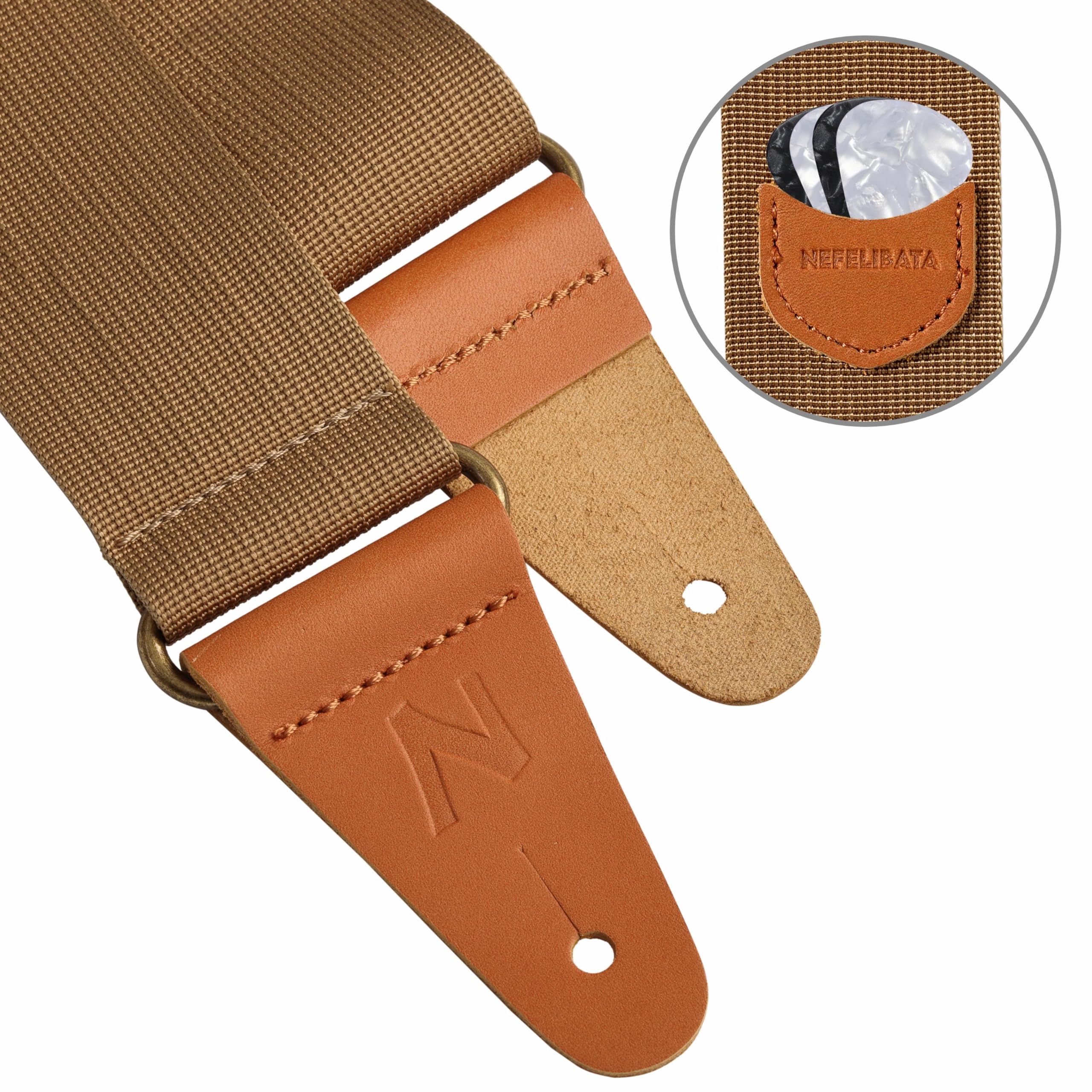Nefelibata Guitar Strap Nylon, Full Grain Leather Ends Guitar Straps with Pick Pocket for Bass, Electric & Acoustic Guitar, with