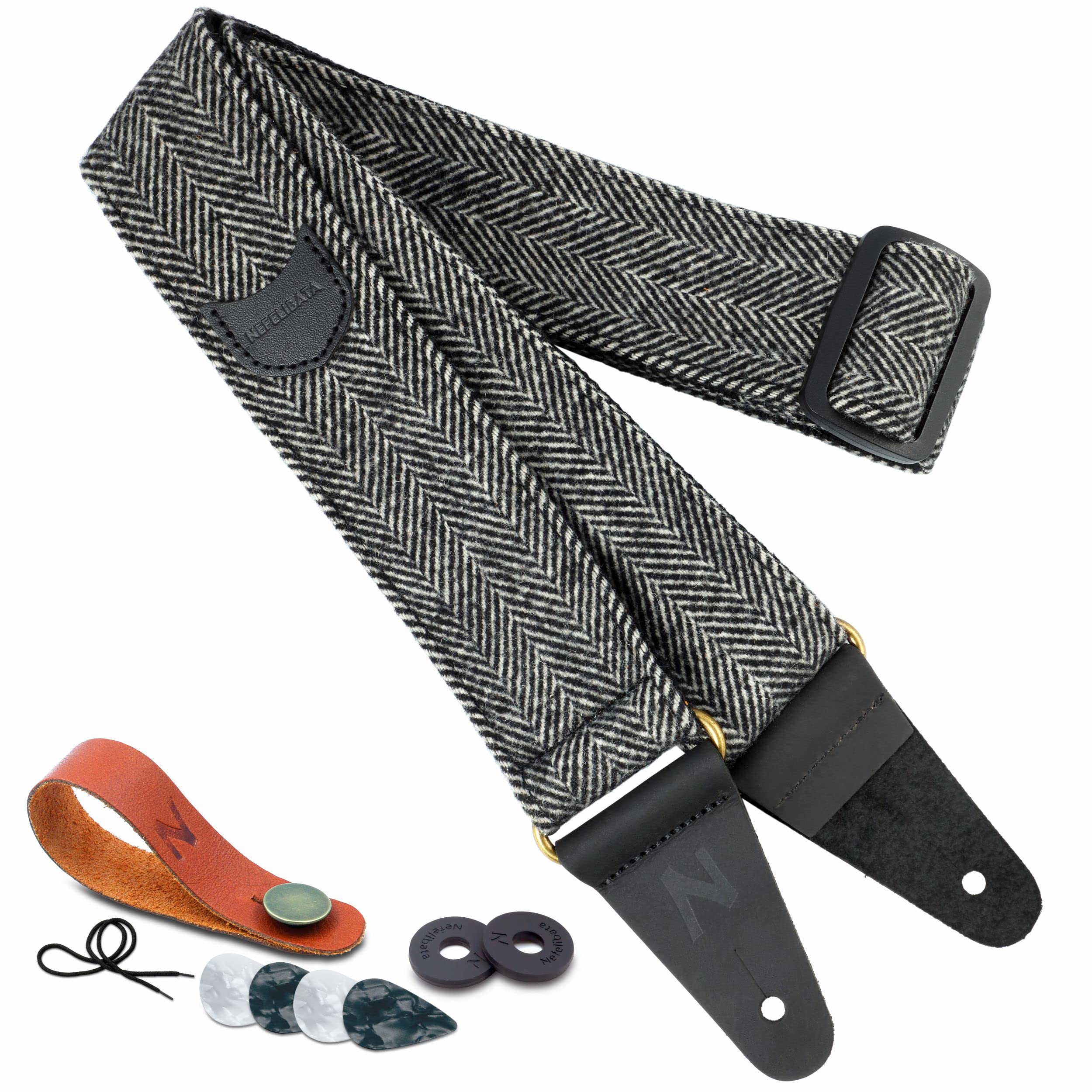 Nefelibata Guitar Strap, Soft Cashmere-Containing Fabric Full Grain Leather End Guitar Straps For Bass, Electric And Acoustic Gu