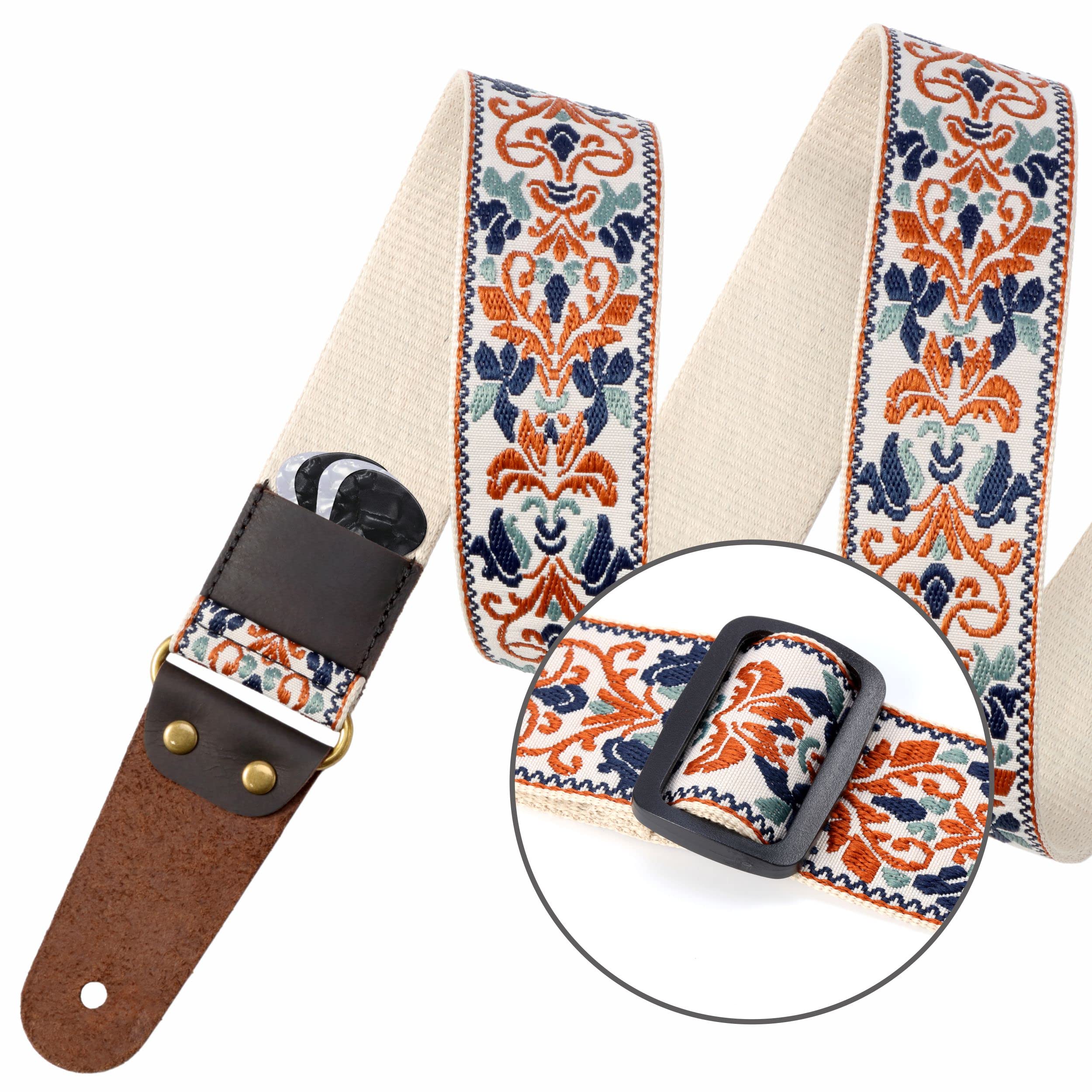 Nefelibata Guitar Strap, 2'' Jacquard Embroidery Guitar Straps, Full Grain Leather Ends with Invisible Pocket, for Bass, Electri