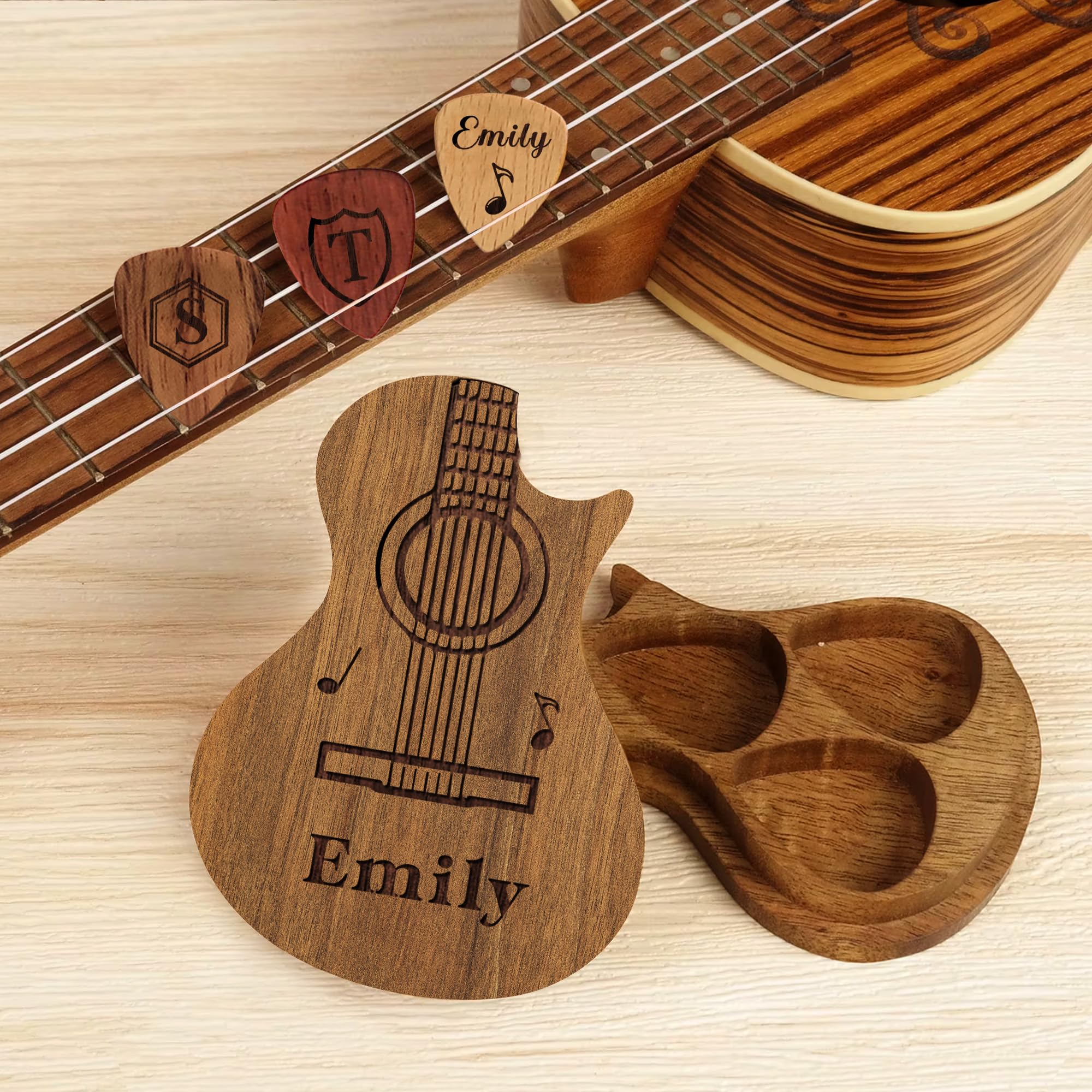 EDSG Personalized Guitar Pick Holder Engraved Wooden Guitar Picks Holder Custom Guitar Pick Case Box Gifts for Men Him Birthday