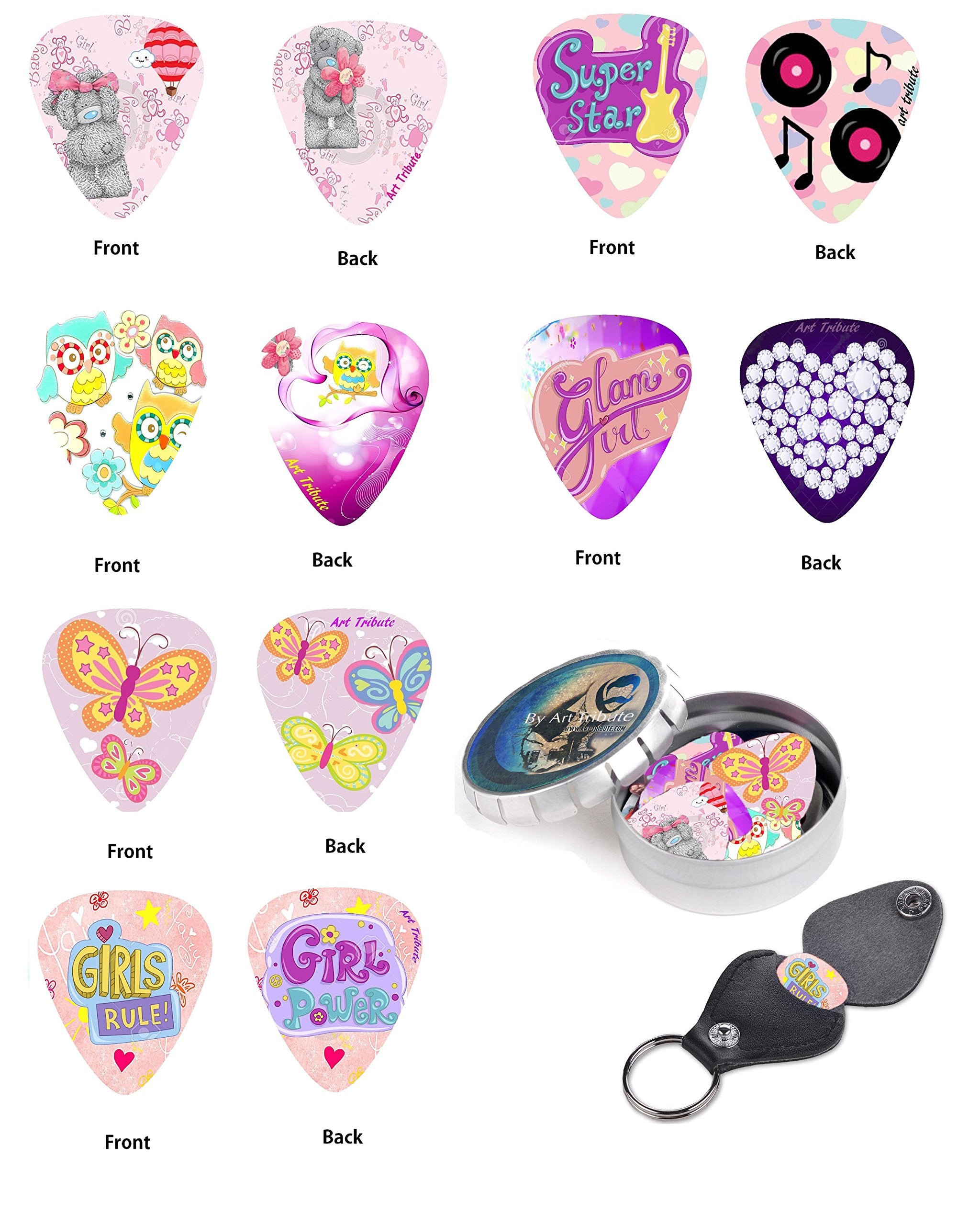 Kids Guitar Picks For Girls Pink Butterfly Christmas Gift Cool 12 Medium Celluloid Picks W/FREE BONUS Sleek Tin Box & Pick Holde