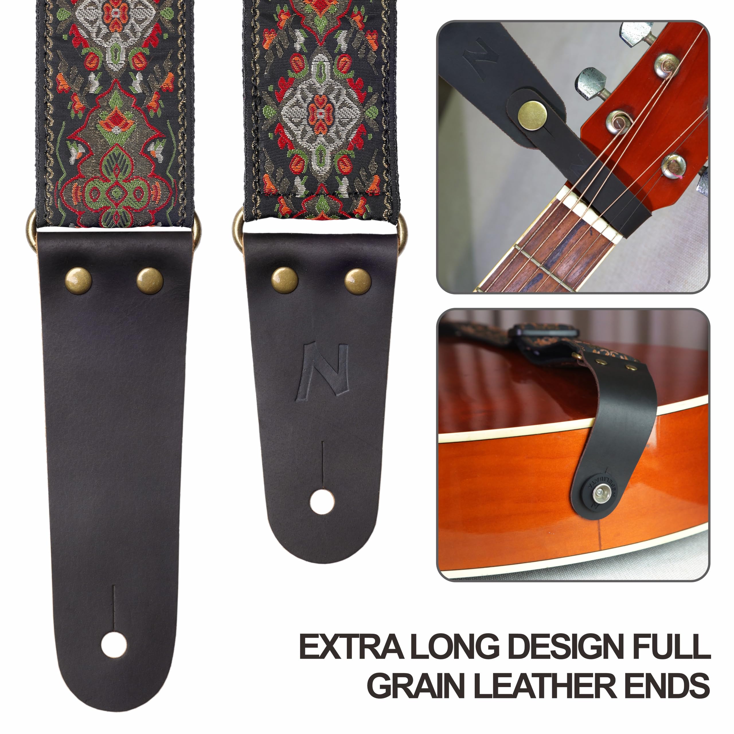 Nefelibata Guitar Strap, 2'' Embroidery Full Grain Leather Ends Guitar Straps with Hidden Pocket, for Bass, Electric and Acousti