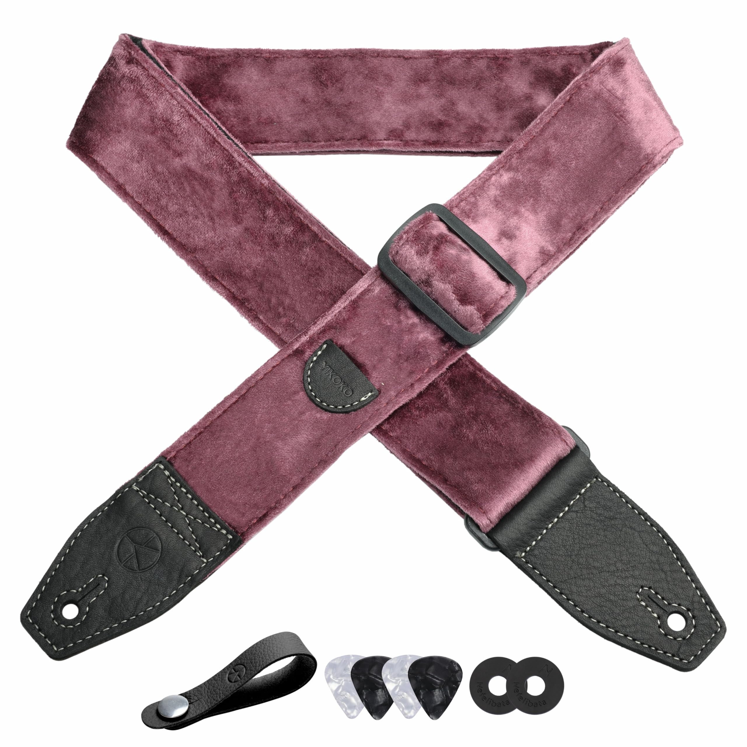 Yikoko Guitar Strap 2 Inch Velvet Guitar Straps With Full Grain Leather End, For Bass Electric And Acoustic Guitars, Free Strap