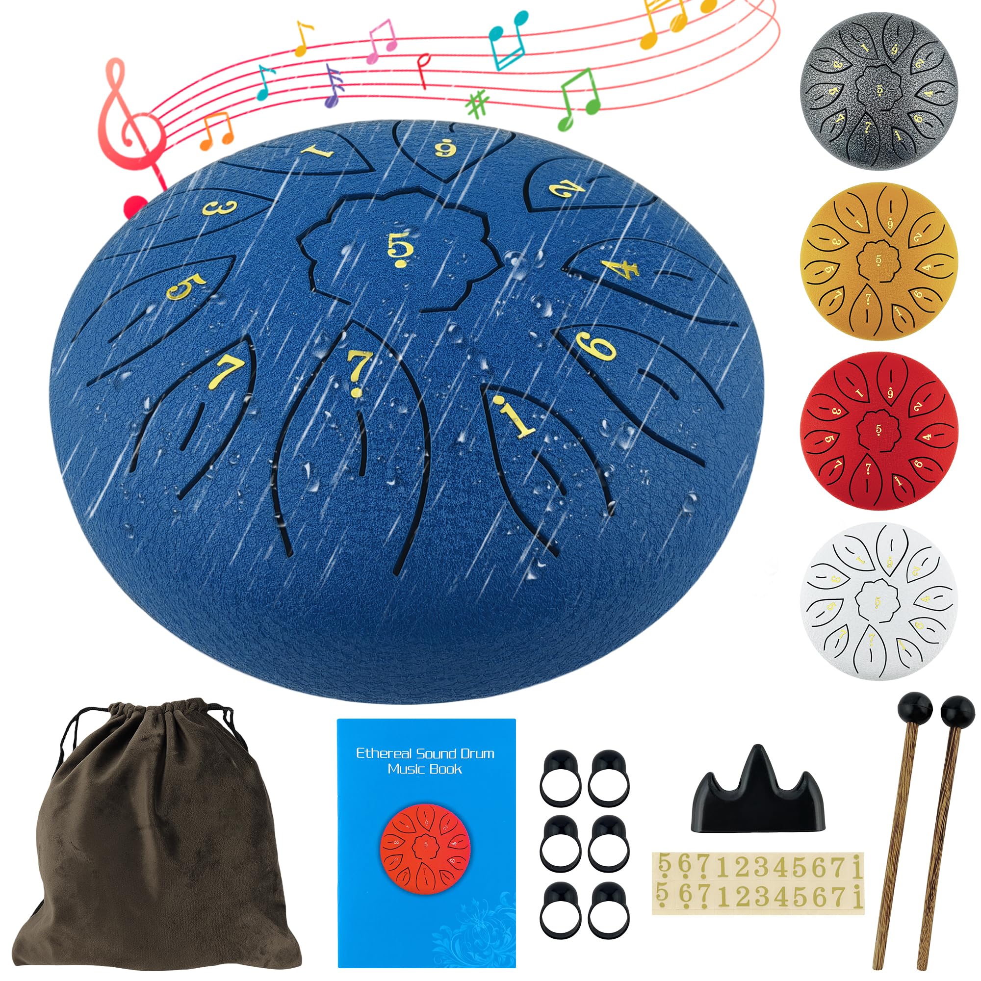 Oun Nana Rain Drum for Garden, 6 Inches 11 Notes Steel Tongue Drum for Adults Kids, Hand Drum Percussion Instrument with Drumsti