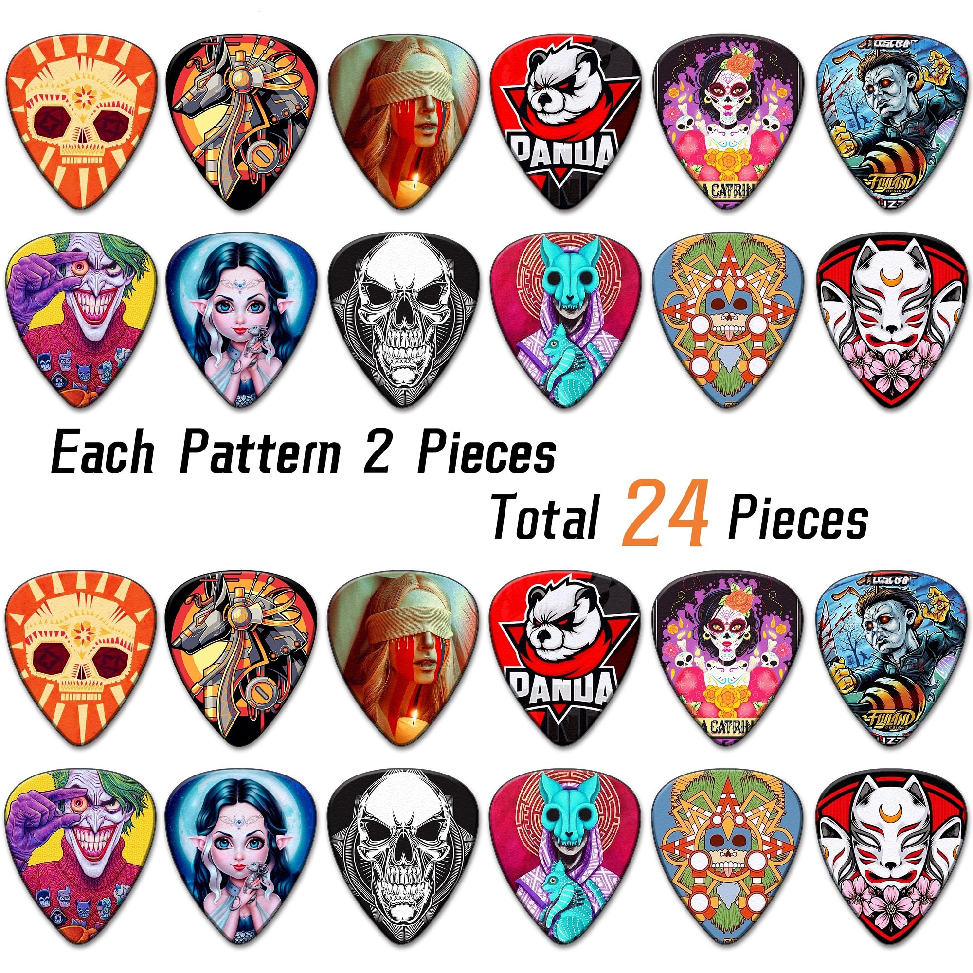 Guitar Picks 24 Pack Thin, Medium, Heavy 0.46 0.71 0.96 1.2mm Bass Guitar Pick with Tin Box,Guitar Picks for Acoustic Guitar,Ele