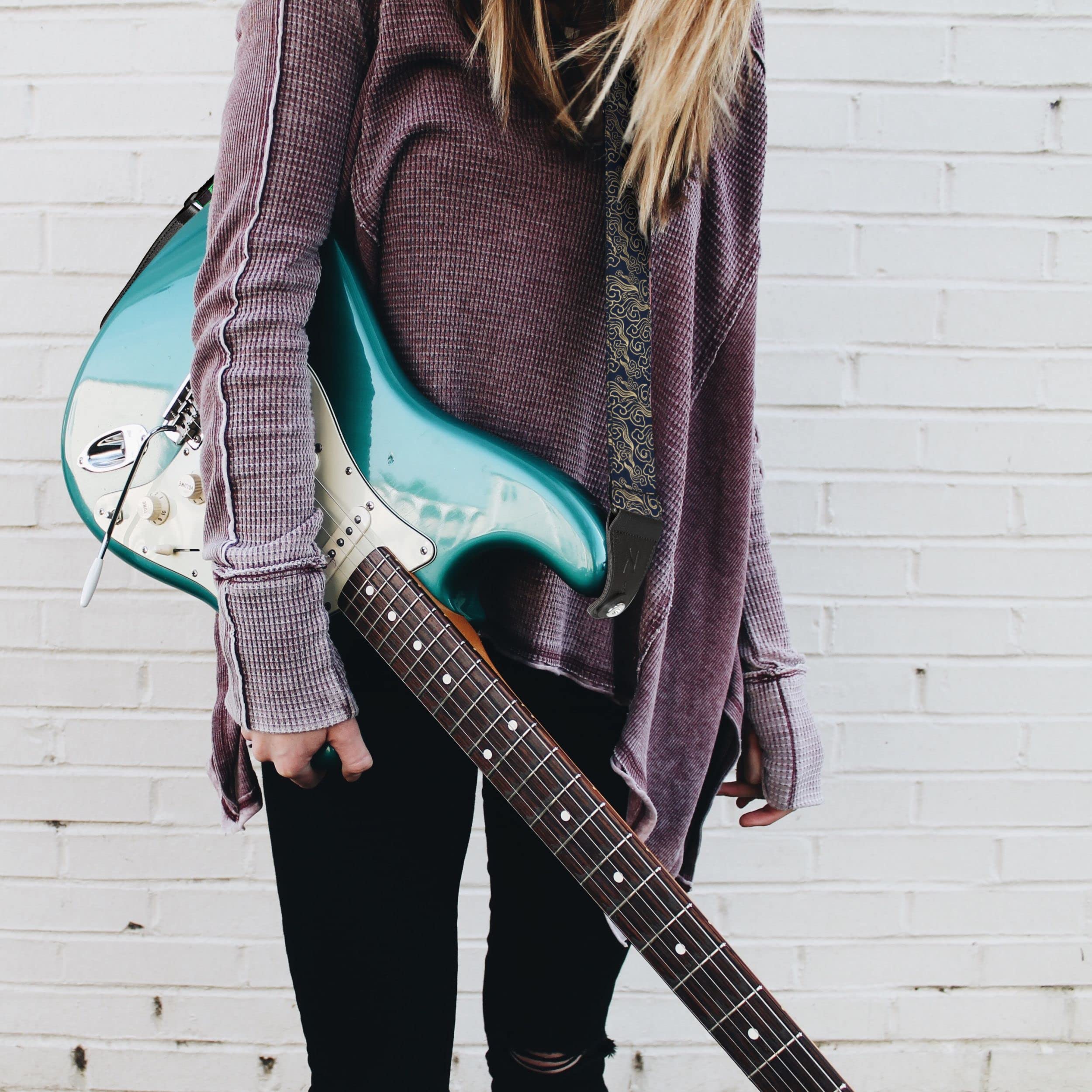 Nefelibata Guitar Strap Japan Printed Cotton Original Design Adjustable Guitar Strap with Long Leather Ends,Include Strap Button