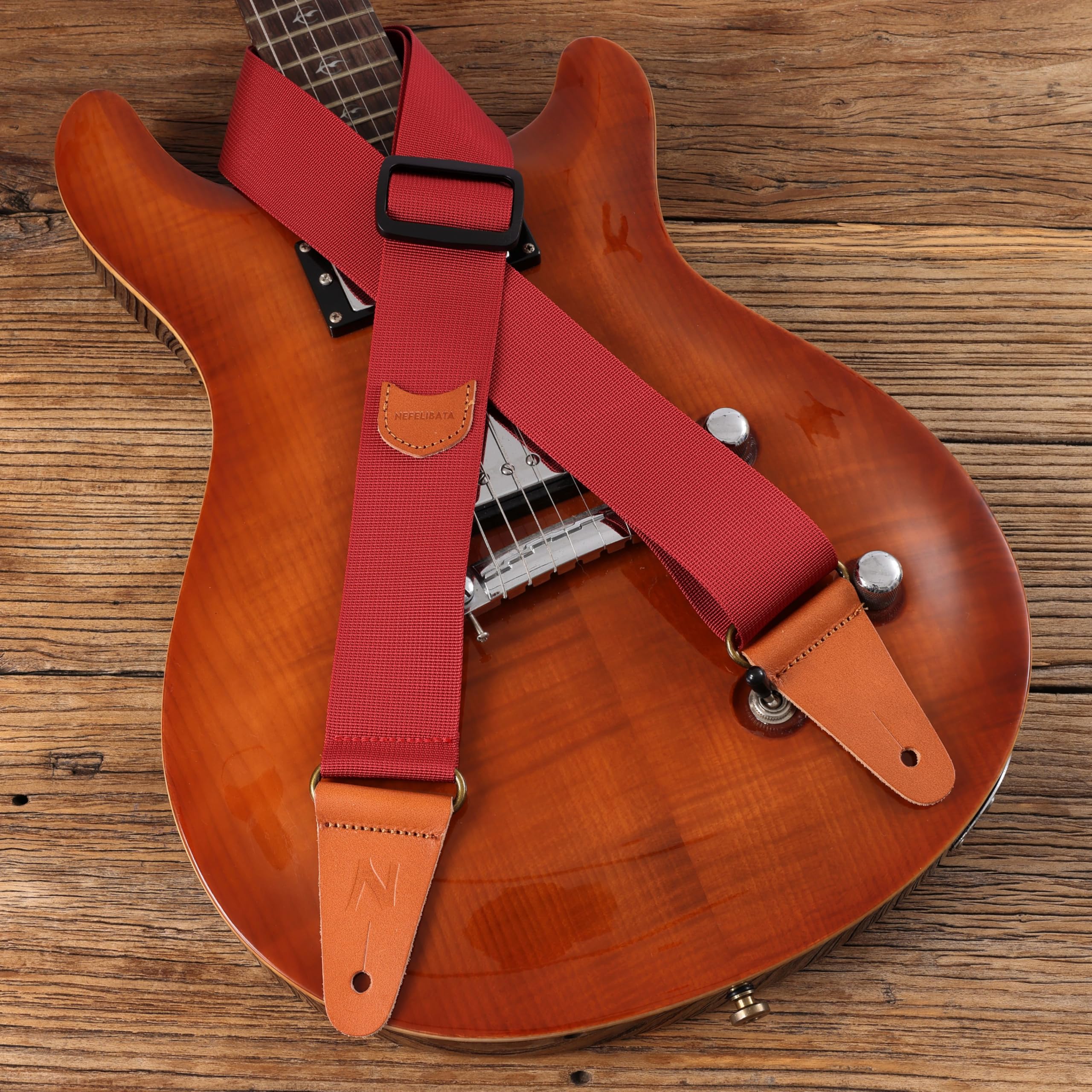 Nefelibata Guitar Strap with Pick Pocket, Vintage Nylon Full Grain Leather Ends Guitar Straps for Bass, Electric & Acoustic Guit