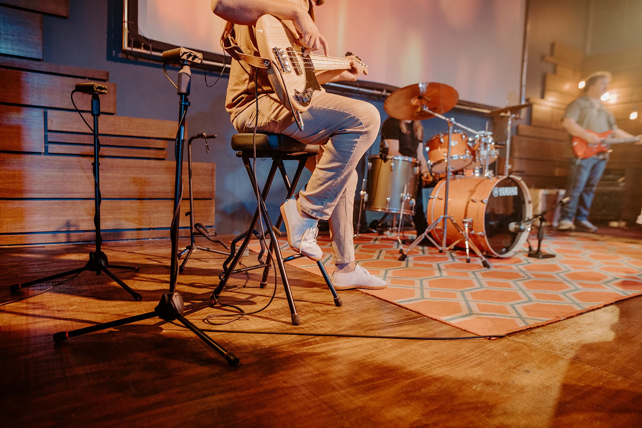 Gator Frameworks Foldable Guitar Stool with Padded Seat and Rear Mounted Guitar Hanger; (GFW-GTRSTOOL)