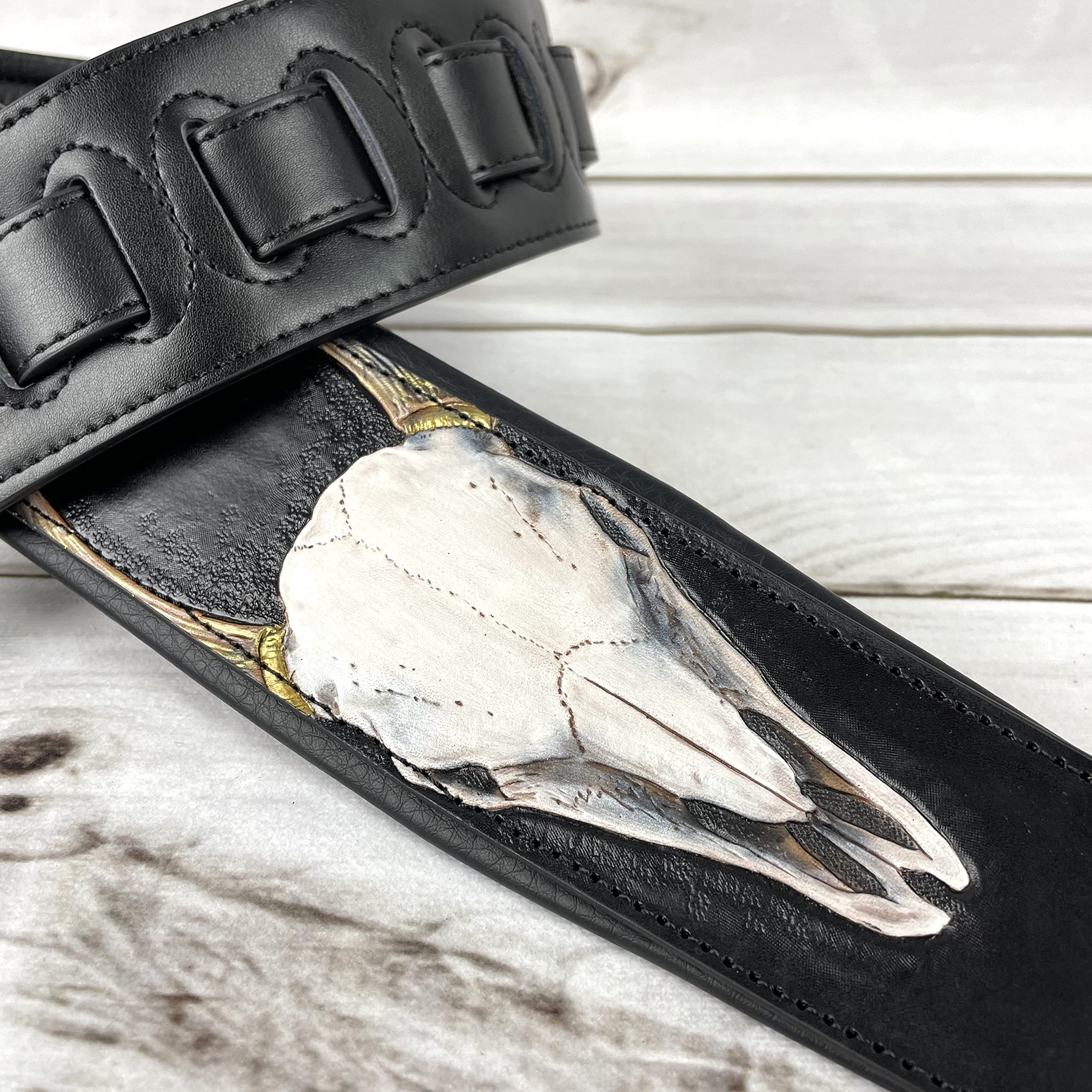 Walker And Williams KB-61 Handmade Carved Longhorn Skull Guitar Strap On Premium Matte Black Leather For Acoustic, Electric, And