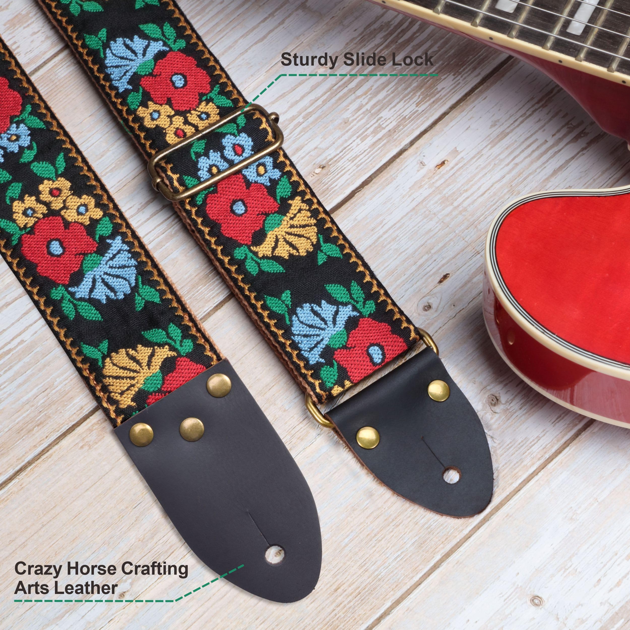 Nefelibata Guitar Strap,Vintage Jacquard Embroidery Cotton Guitar Straps with full grain Leather Ends for Electric,Acoustic,Come