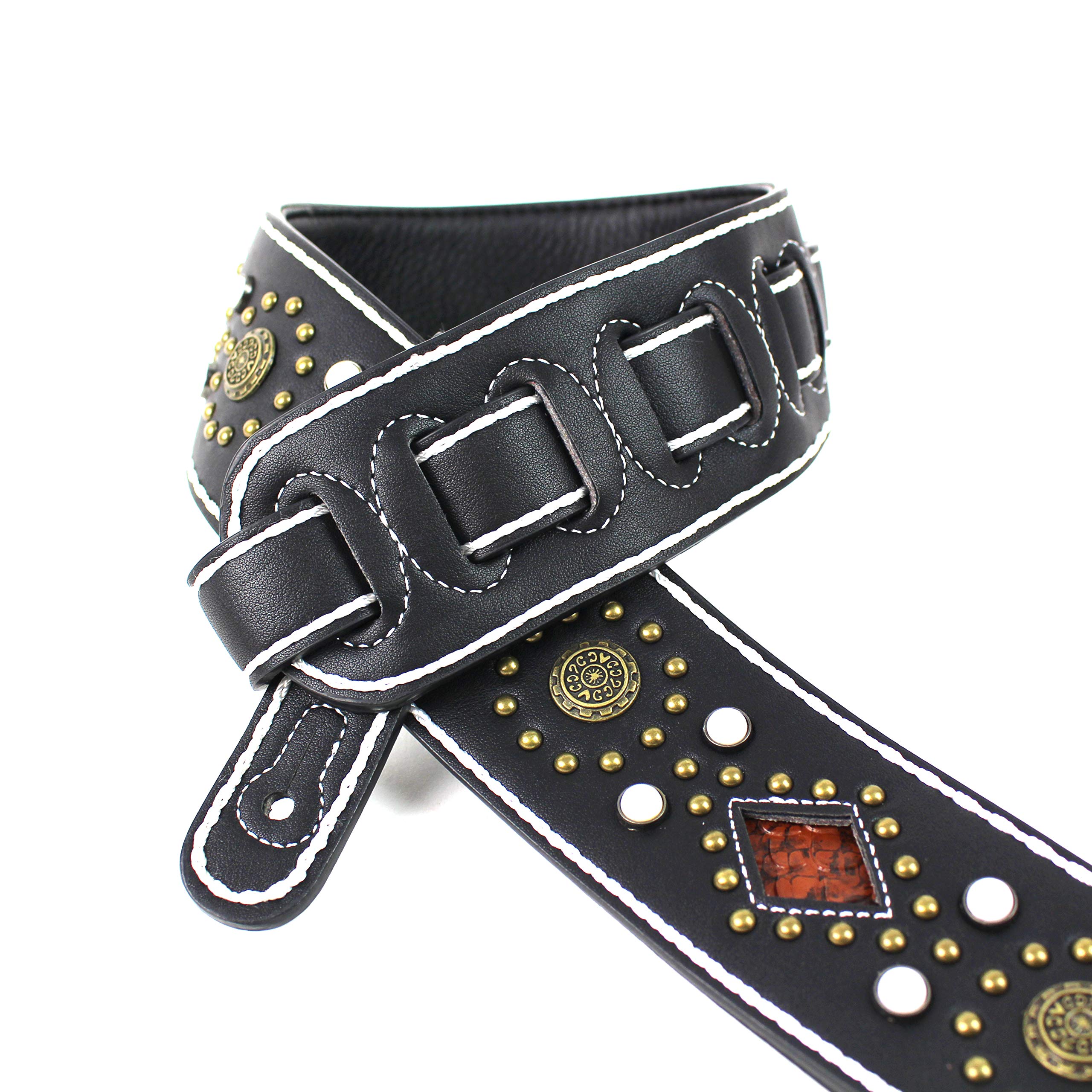 Walker And Williams GTR-20-WHT Sedona Special Premium Black Padded Guitar Strap With White Stitching Brass Studs & Rivets For Ac