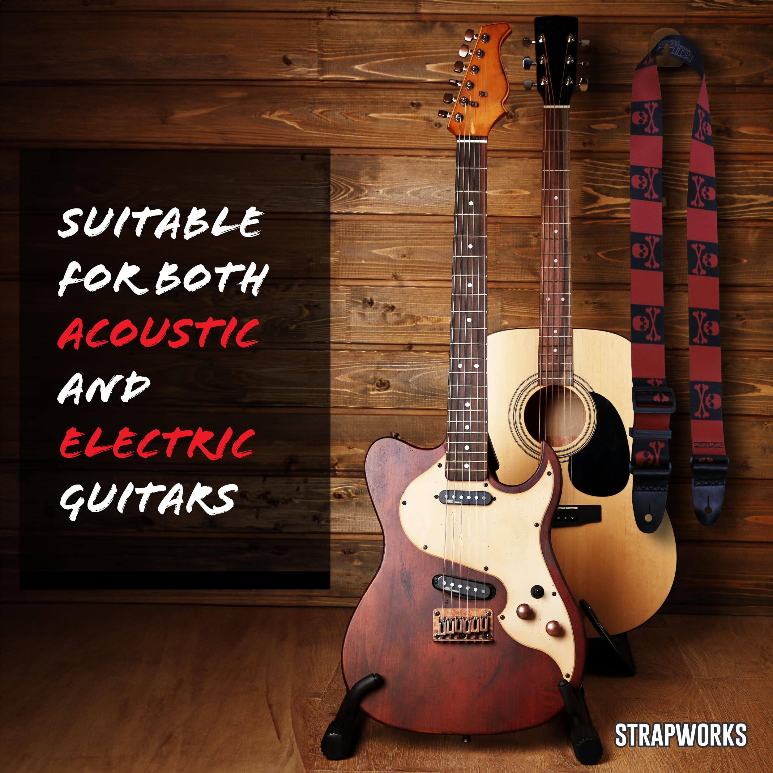 Killer-Q Guitar Strap - Stylish Straps for Electric and Acoustic Guitars With Leather Tabs, 2 Inches x 5 Feet, Jolly Roger Red