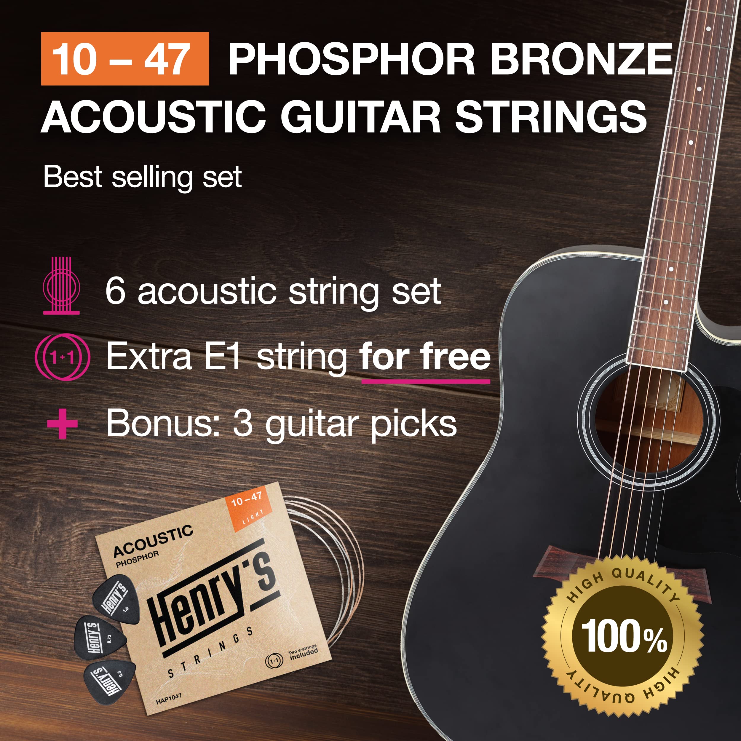 Light Acoustic Guitar Strings 10-47 - Brilliant Sound & Extra E1 String & 3xGuitar Picks - Phosphor Bronze Guitar Strings Acoust