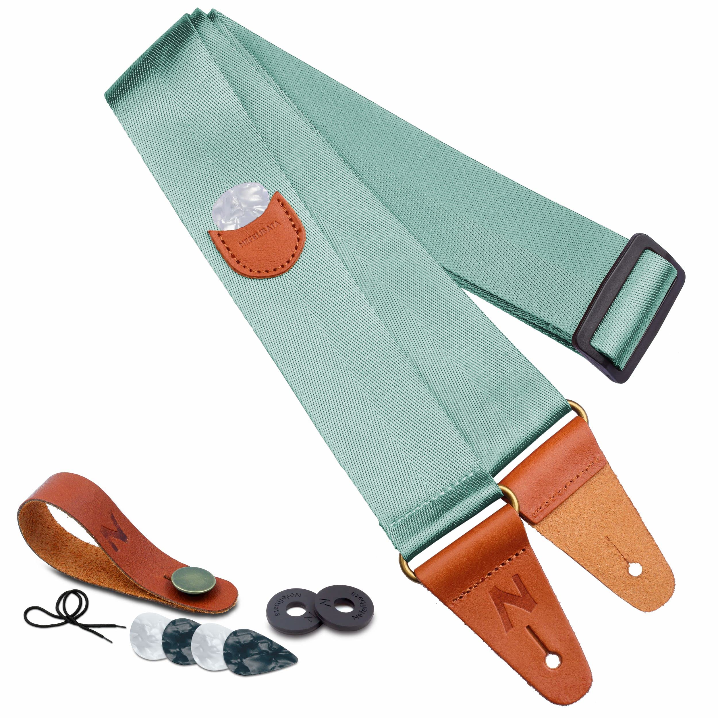 Guitar Strap With Pick Pocket, Vintage Nylon Full Grain Leather Ends Guitar Straps For Bass, Electric & Acoustic Guitar, Come Wi