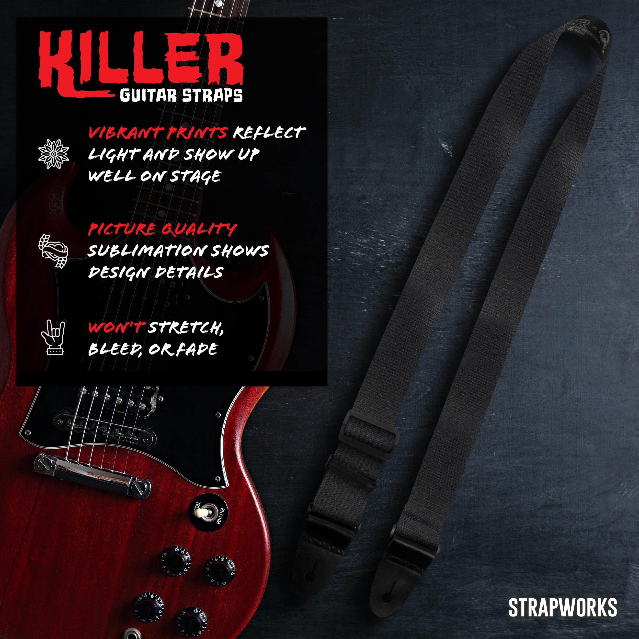 Killer Guitar Strap - Stylish Straps for Electric and Acoustic Guitars With Leather Tabs, 2 Inches x 5 Feet, Black